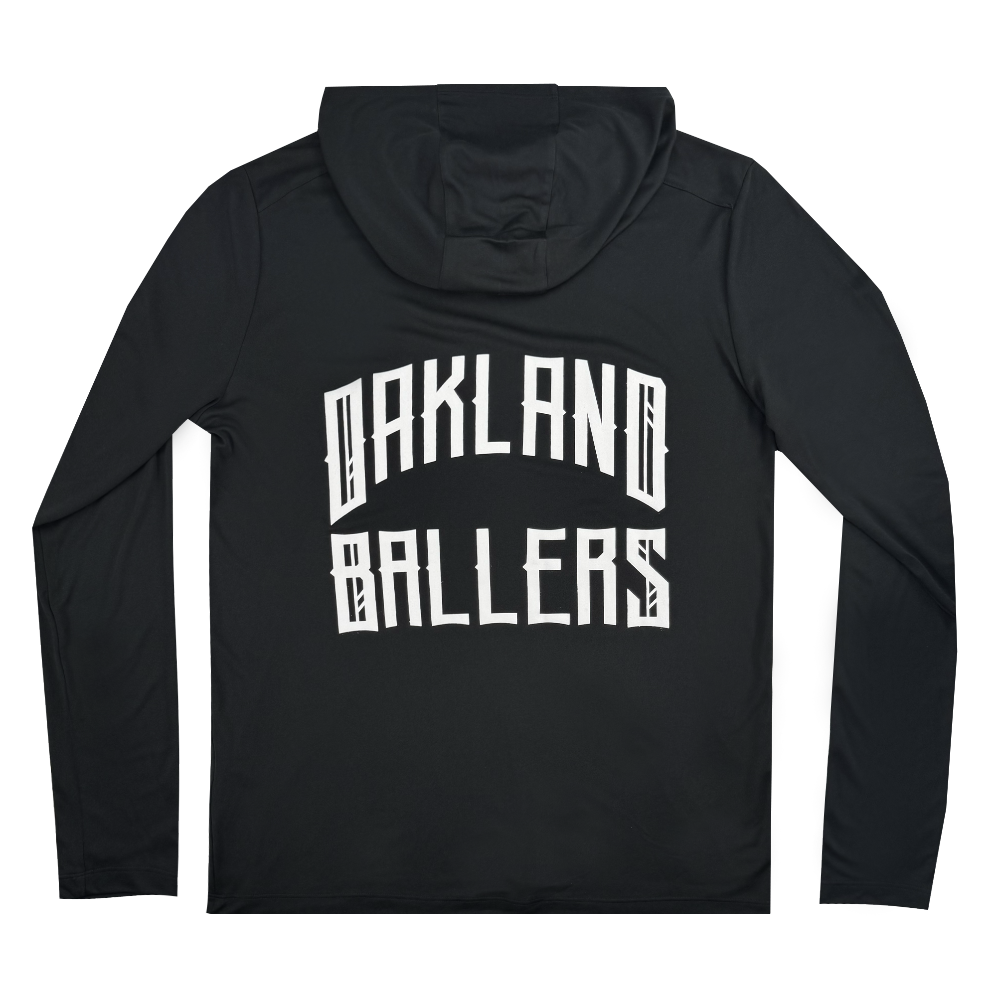 The image shows the Oakland Ballers Classic LS Hoodie Tee, featuring bold white "OAKLAND BALLERS" text on the back. Its modern, sporty style captures the essence of Oakland's new pro baseball team in the Pioneer League.