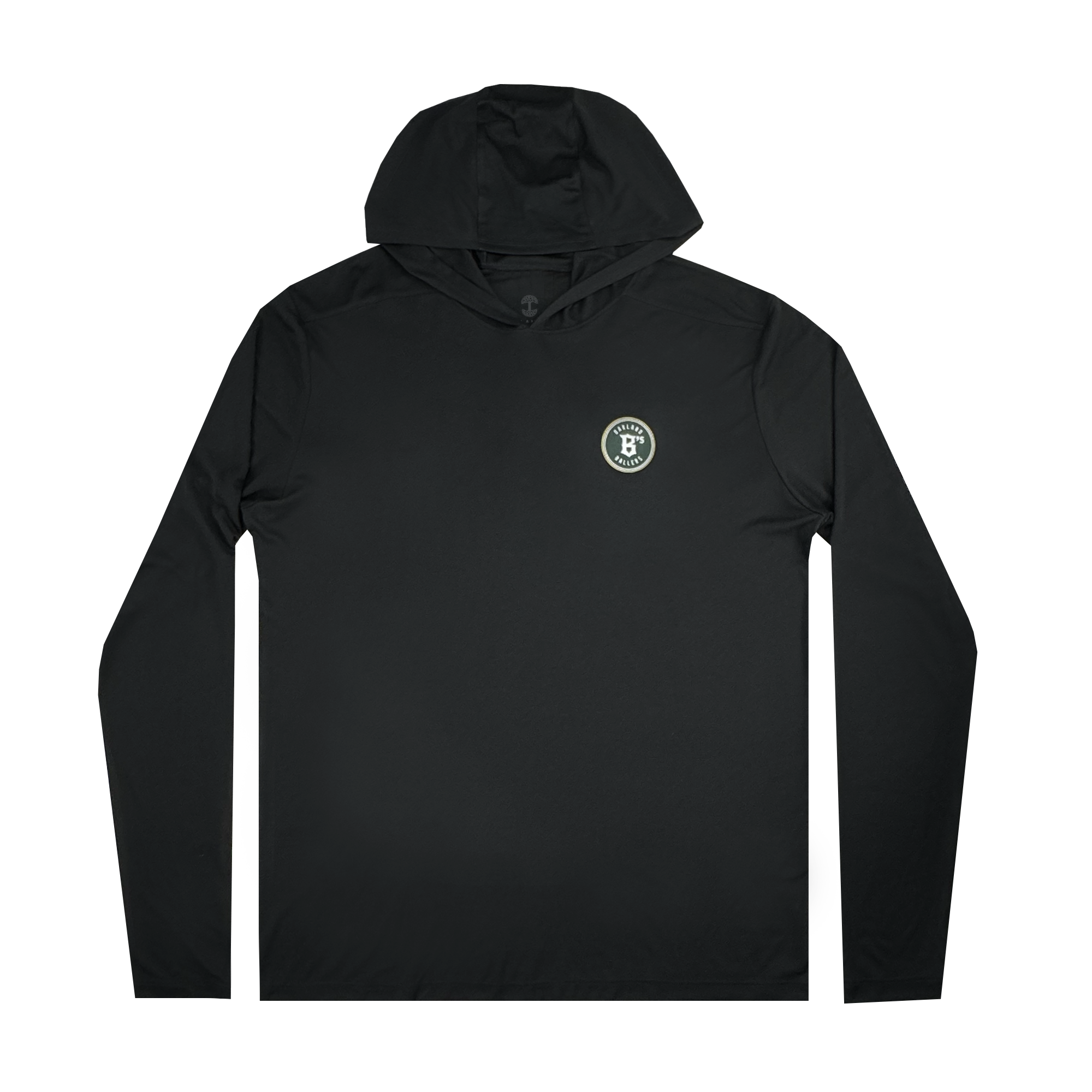 The Oakland Ballers Classic LS Hoodie Tee is a black long-sleeve hoodie with a circular design on the left chest, featuring a stylized "B" and laurel wreath. Celebrating Oakland's New Pro Baseball Team, it offers lightweight comfort for casual wear and a relaxed drawstring-free hood.