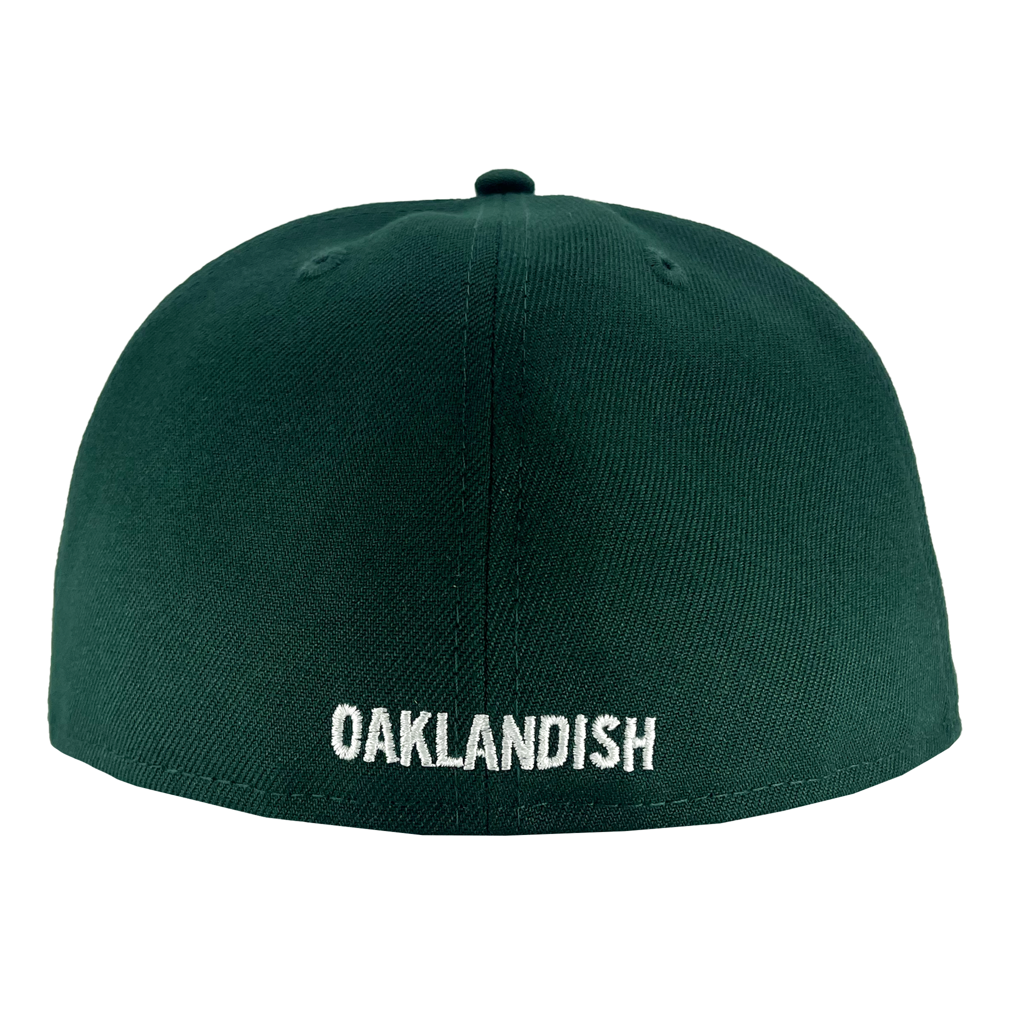 The New Era Oakland Ballers Low Profile 59FIFTY Cap, designed for Oakland Ballers fans, is a green baseball cap shown from the back with "OAKLANDISH" embroidered in white capital letters near the bottom. It features a button on top, symmetrical stitching, and an overall simple design.