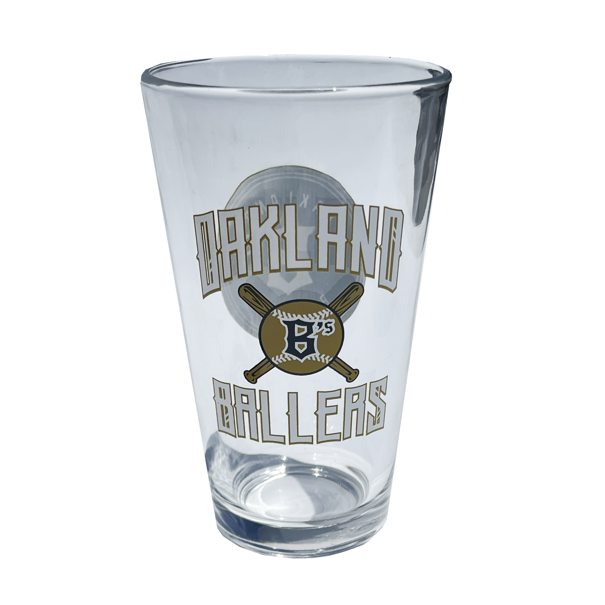 Reverse side of pint glass with Oakland Ballers baseball design.