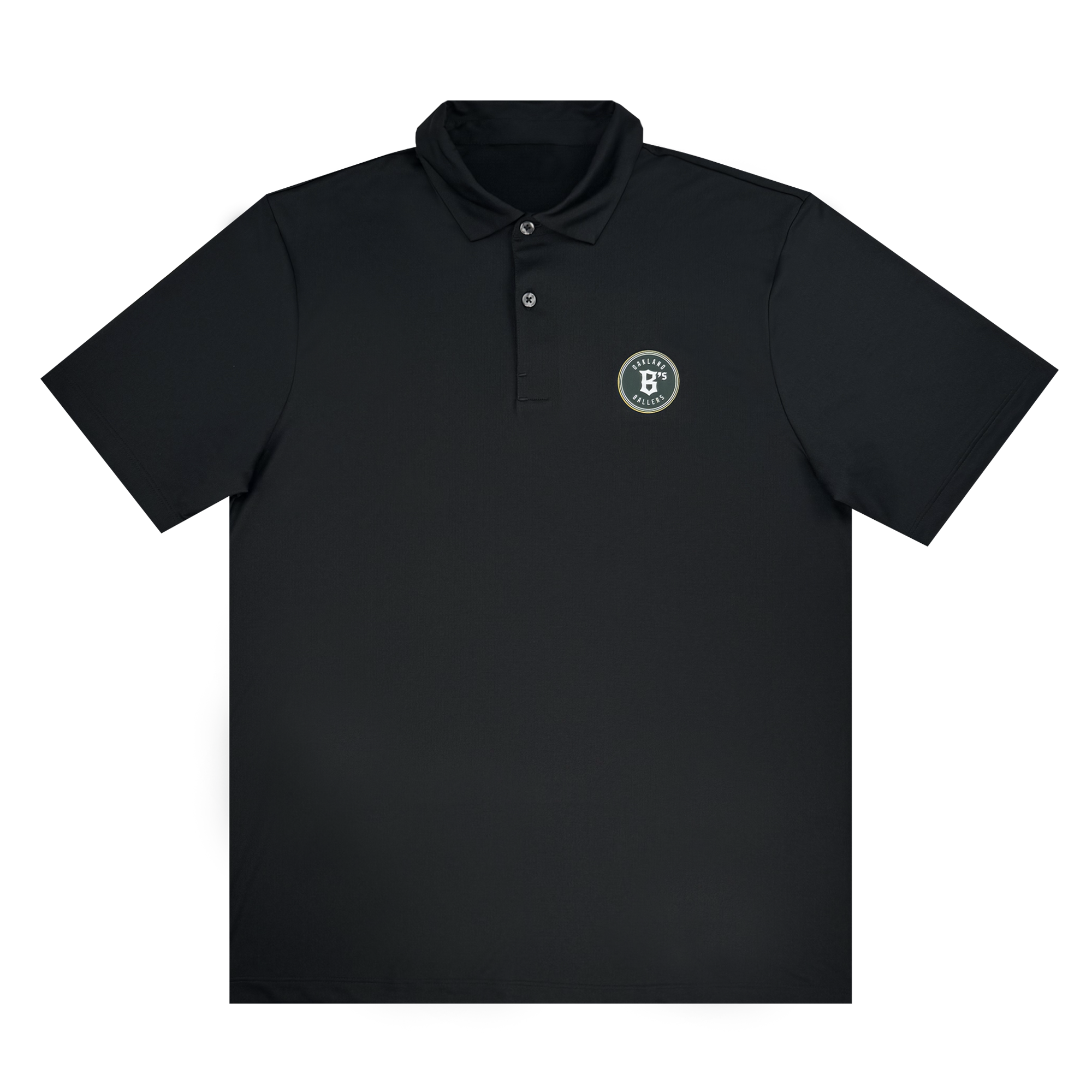 The Oakland Ballers Classic Polo, by Oakland Ballers, features a collared neck with three buttons and an emblem with a "B" on the left chest. This short-sleeve black shirt embodies the West Coast franchise spirit against a plain backdrop.