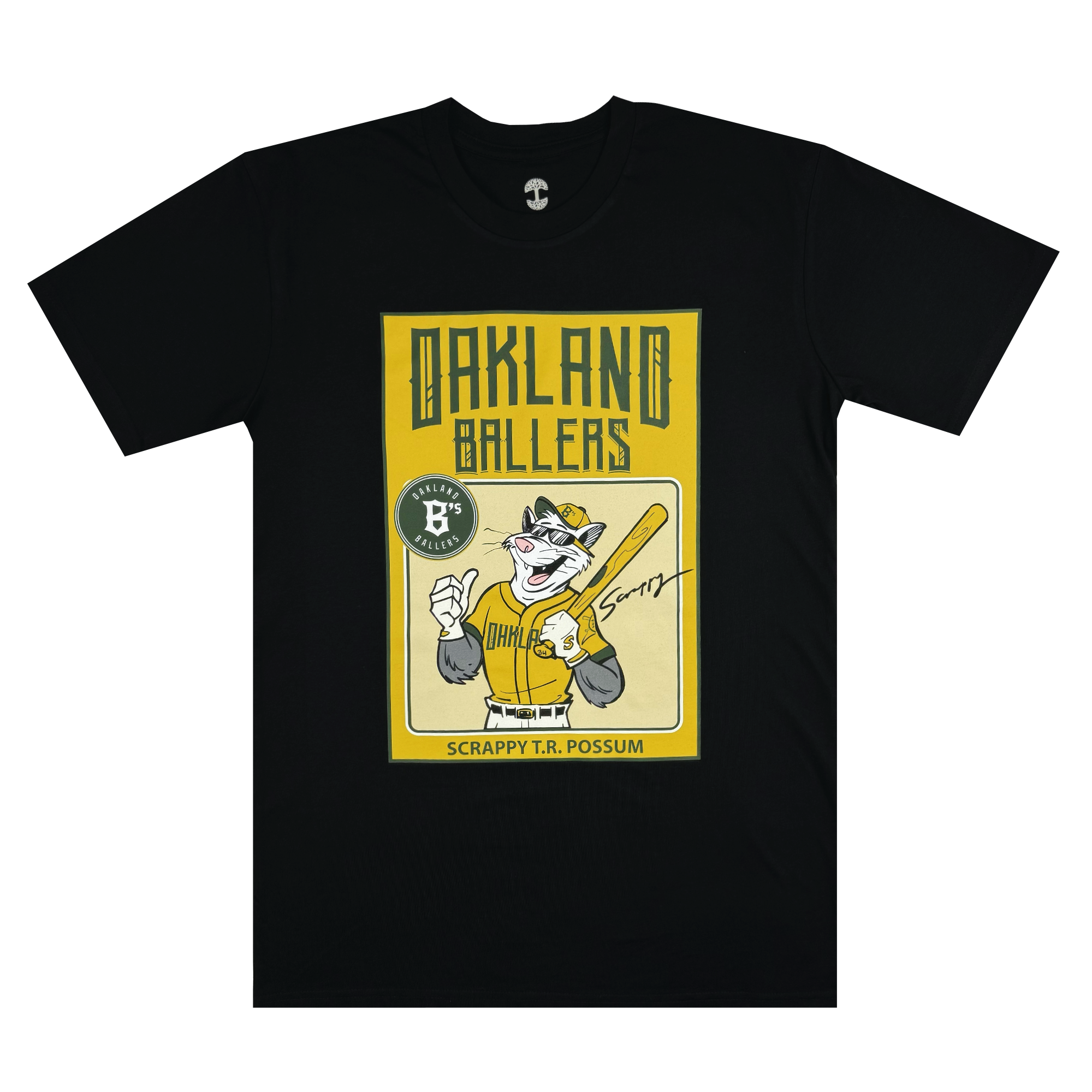 Introducing the "Scrappy Rookie Card Tee" by Oakland Ballers: This black T-shirt showcases a graphic of an illustrated possum dressed as a baseball player, holding a bat and proudly wearing an Oakland Ballers jersey from the Pioneer League. The text "Scrappy T.R. Possum" is featured below the image on a yellow background, along with an emblem displaying "Ballers Performance Apparel.