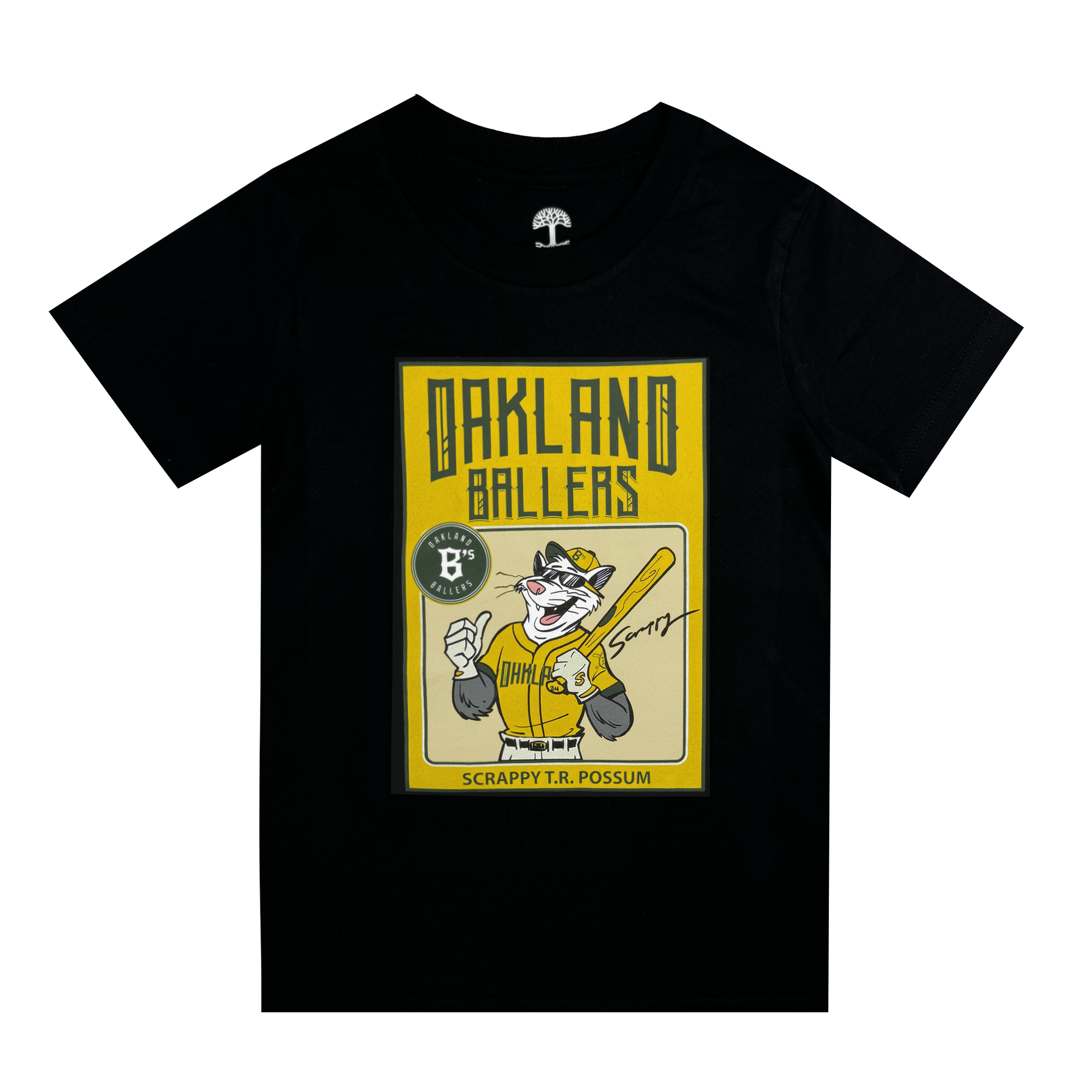 The Toddler Scrappy Rookie Tee by Oakland Ballers features a graphic of Scrappy T.R. Possum, a baseball-playing possum designed by Ken Mitchroney. The black T-shirt displays the character in a jersey and cap holding a bat, with "Oakland Ballers" prominently written above in bold yellow letters. It also includes Ken Mitchroney's signature and a small baseball logo.