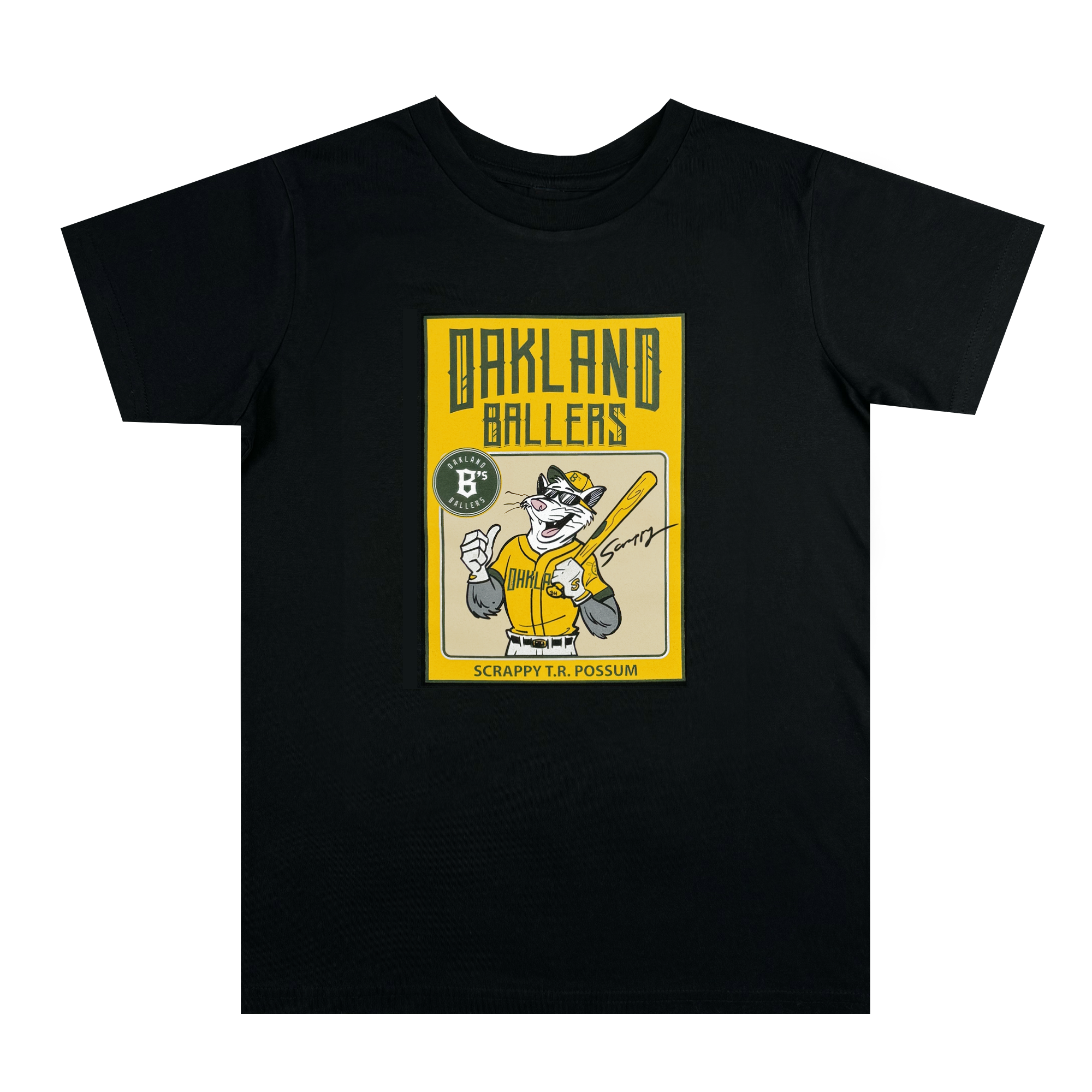 Youth Scrappy Rookie Tee by Oakland Ballers: This black T-shirt showcases a playful, vintage graphic designed by Ken Mitchroney. It features a cartoon possum holding a bat and wearing an Oakland Athletics-inspired yellow jersey, with the text "Oakland Ballers" and "Scrappy T. R. Possum." It also includes a small circular logo on the left with a "B.