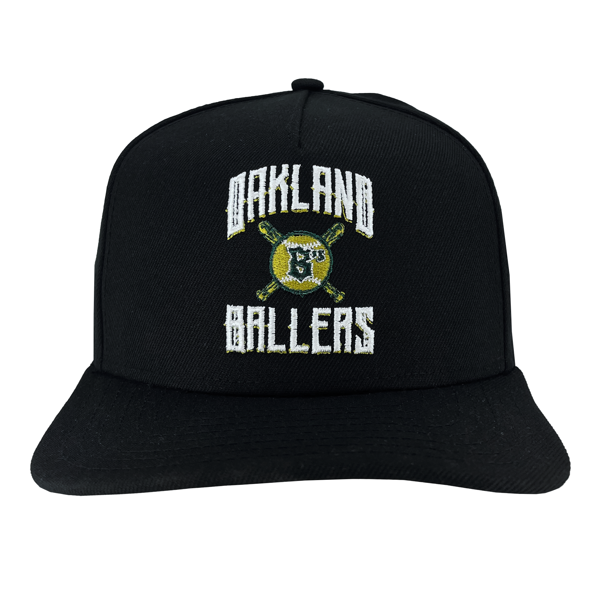 The New Era Oakland Ballers Alt Logo 9FIFTY AF Cap features a black base with bold, white Gothic-style embroidered text "Oakland Ballers" on the front. An embroidered logo is situated between "Oakland" and "Ballers," showcasing two crossed yellow baseball bats behind a shield adorned with blue and white details, representing the Pioneer League professional baseball team.