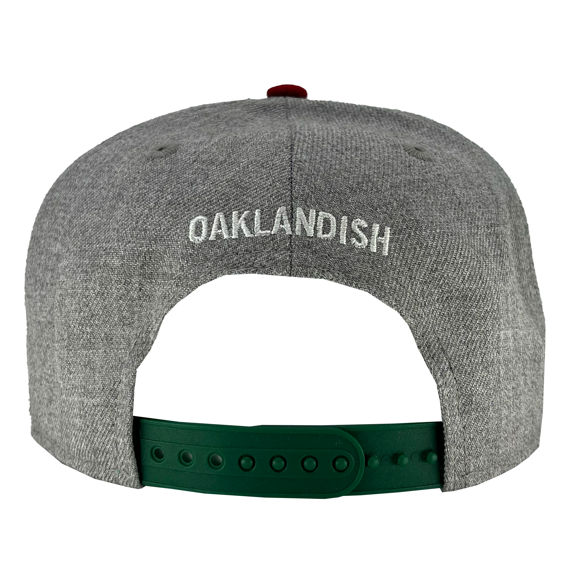 A gray "New Era Oakland Ballers Alt Logo 9FIFTY AF Cap" from Oakland Ballers is shown from the back. The cap features an adjustable green snapback closure. Above the closure, the word "OAKLANDISH" is embroidered in bold white letters, marking your support for Oakland’s new pro baseball team, the Oakland Ballers. The cap's top button is red.