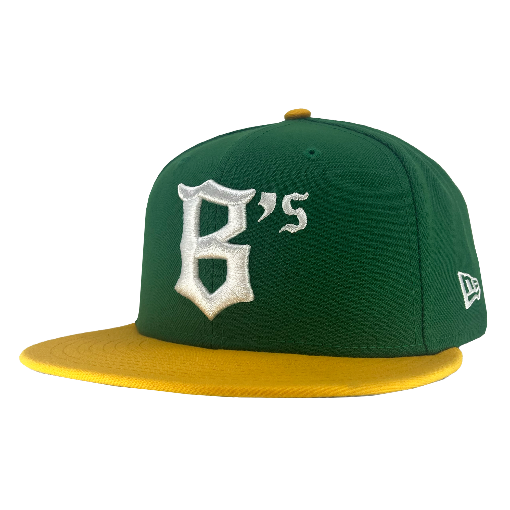 The New Era Oakland Ballers 9FIFTY Cap features a green design with a yellow brim. On the front, it showcases a large, white embroidered "B's" in a stylized font, representing the new pro baseball team from Oakland. The side of the cap includes a small white embroidered New Era logo. This structured cap with its flat visor is perfect for celebrating the Oakland Ballers.