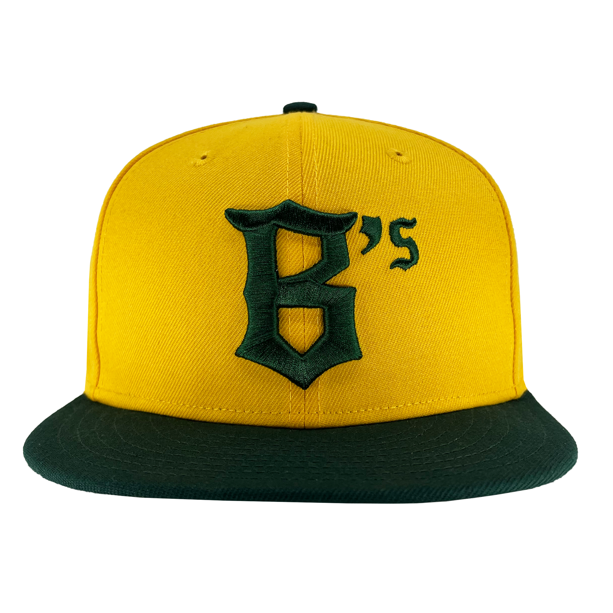 The New Era Oakland Ballers 9FIFTY Cap by the Oakland Ballers is a yellow baseball cap with a dark green brim and button. The front of the cap showcases a large, stylized, dark green uppercase "B" followed by a smaller dark green apostrophe and "s," echoing the team colors of the Oakland Ballers.