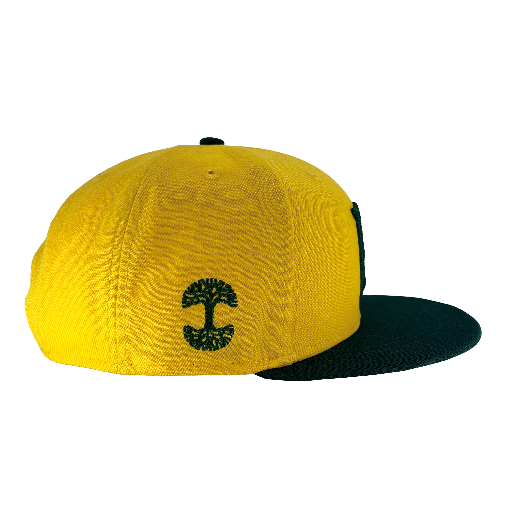 A New Era Oakland Ballers 9FIFTY cap featuring a yellow base, green brim, and a small black button on top. It represents the Oakland Ballers from the Pioneer League and showcases a green embroidered design of two mushroom-like figures on the left side. The background is white, and the cap is slightly tilted to display both the top and side designs.