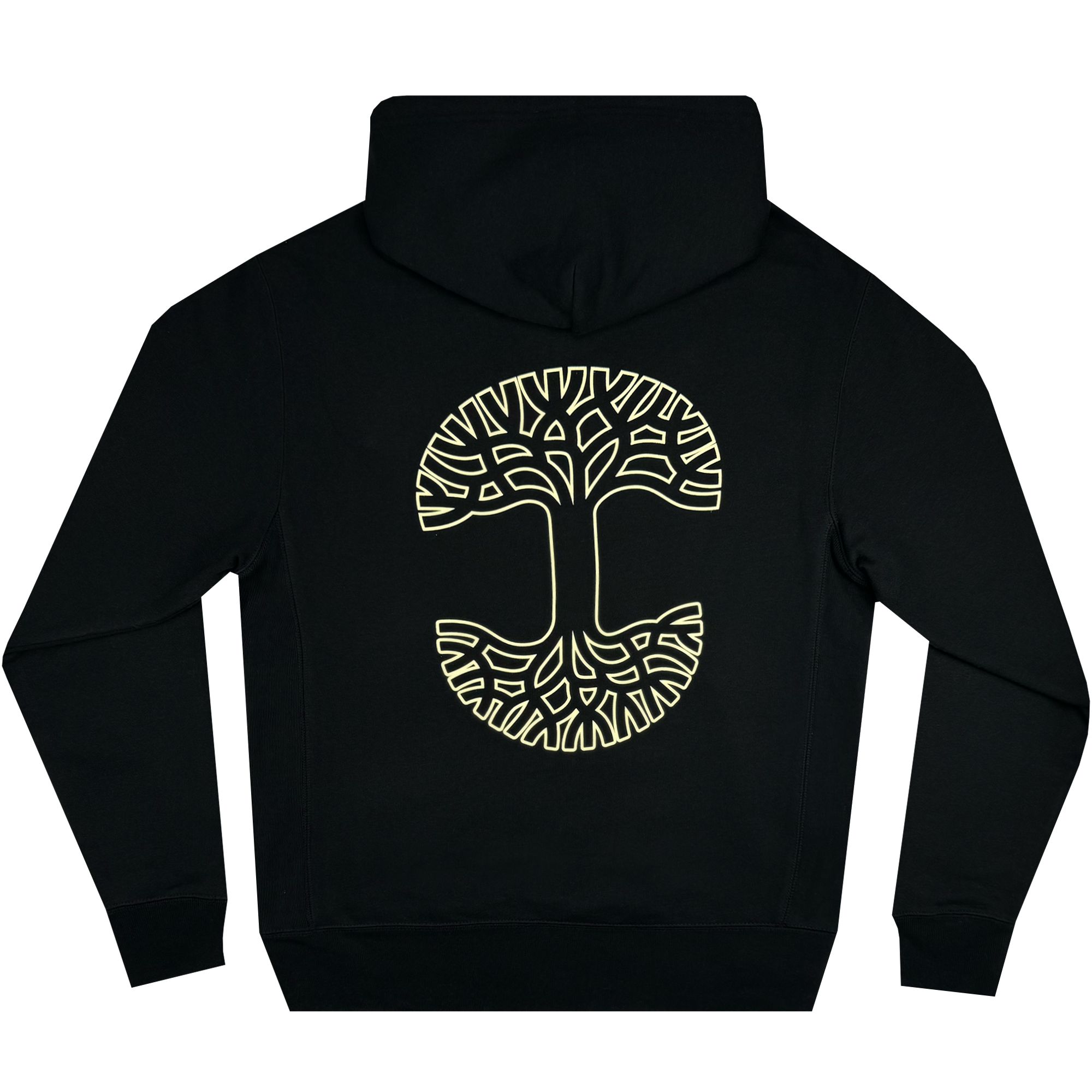 The Bandit Hoodie by Oaklandish is a black pullover featuring a large white tree design on the back. The detailed branches and roots create a symmetrical, arrow-like pattern at the center. Tailored for men's sizing, the hood and sleeves stand out against a plain white background, making it ideal black outerwear for any casual ensemble.