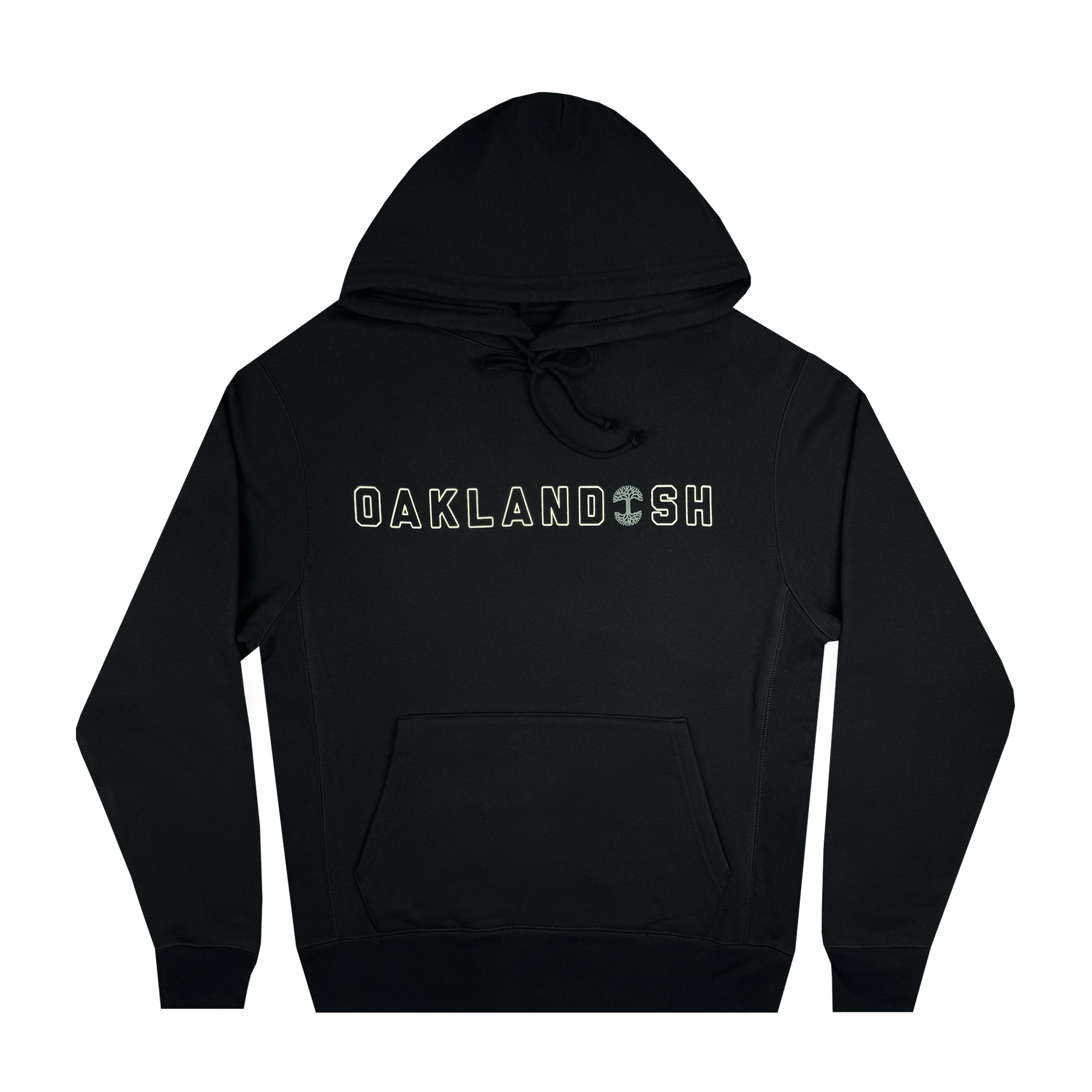 The Bandit Hoodie by Oaklandish is a black pullover featuring "OAKLANDISH" printed boldly across the chest in white letters, with the brand's tree logo replacing the "A" in "LAND." Designed in men's sizing, this stylish outerwear includes a drawstring hood and front pocket.