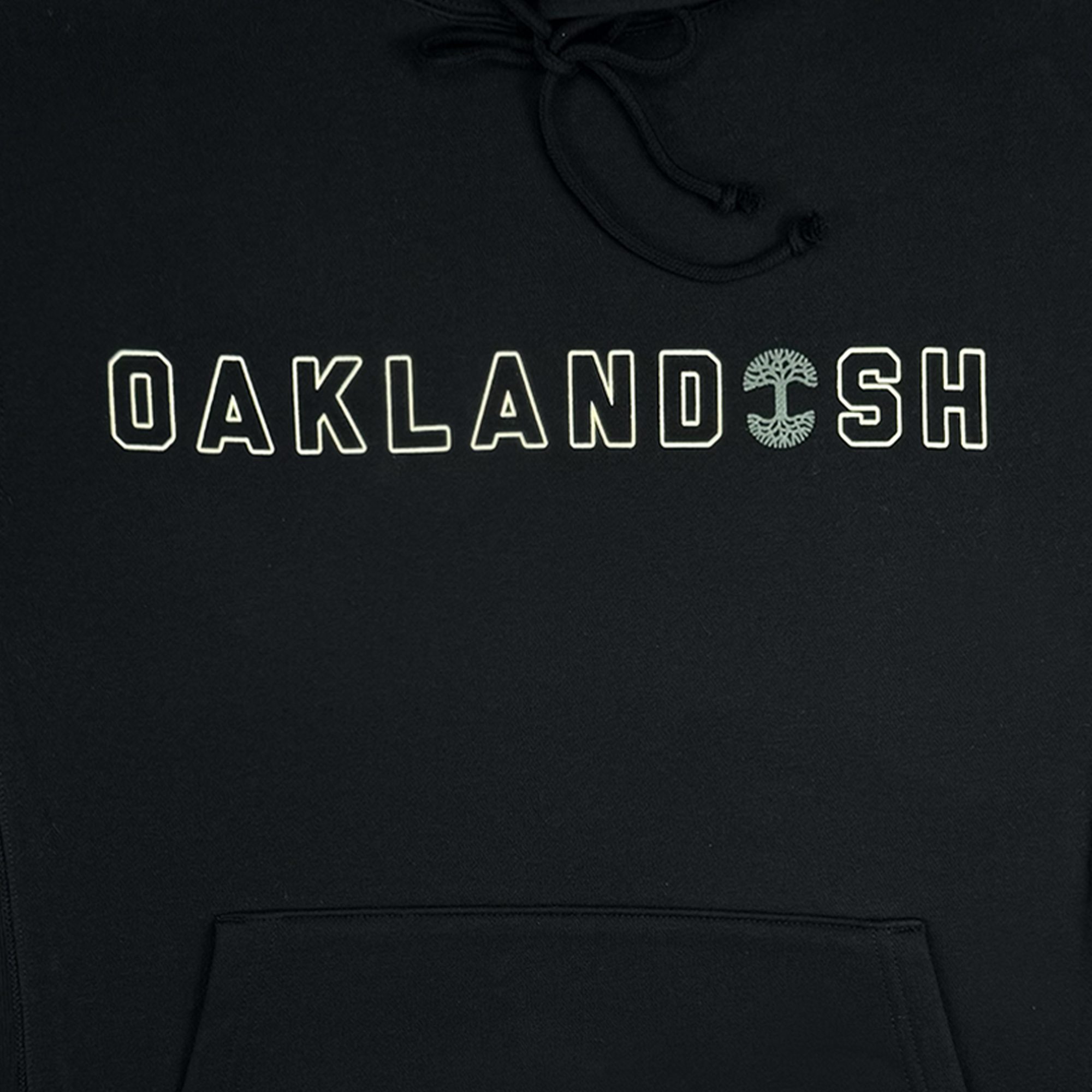 Introducing the Bandit Hoodie by Oaklandish: a black oversized pullover featuring "OAKLANDISH" boldly printed in white capital letters across the chest, with the letter "I" artistically stylized to mimic a tree. This men's hoodie comes with drawstrings, effortlessly blending comfort and style.