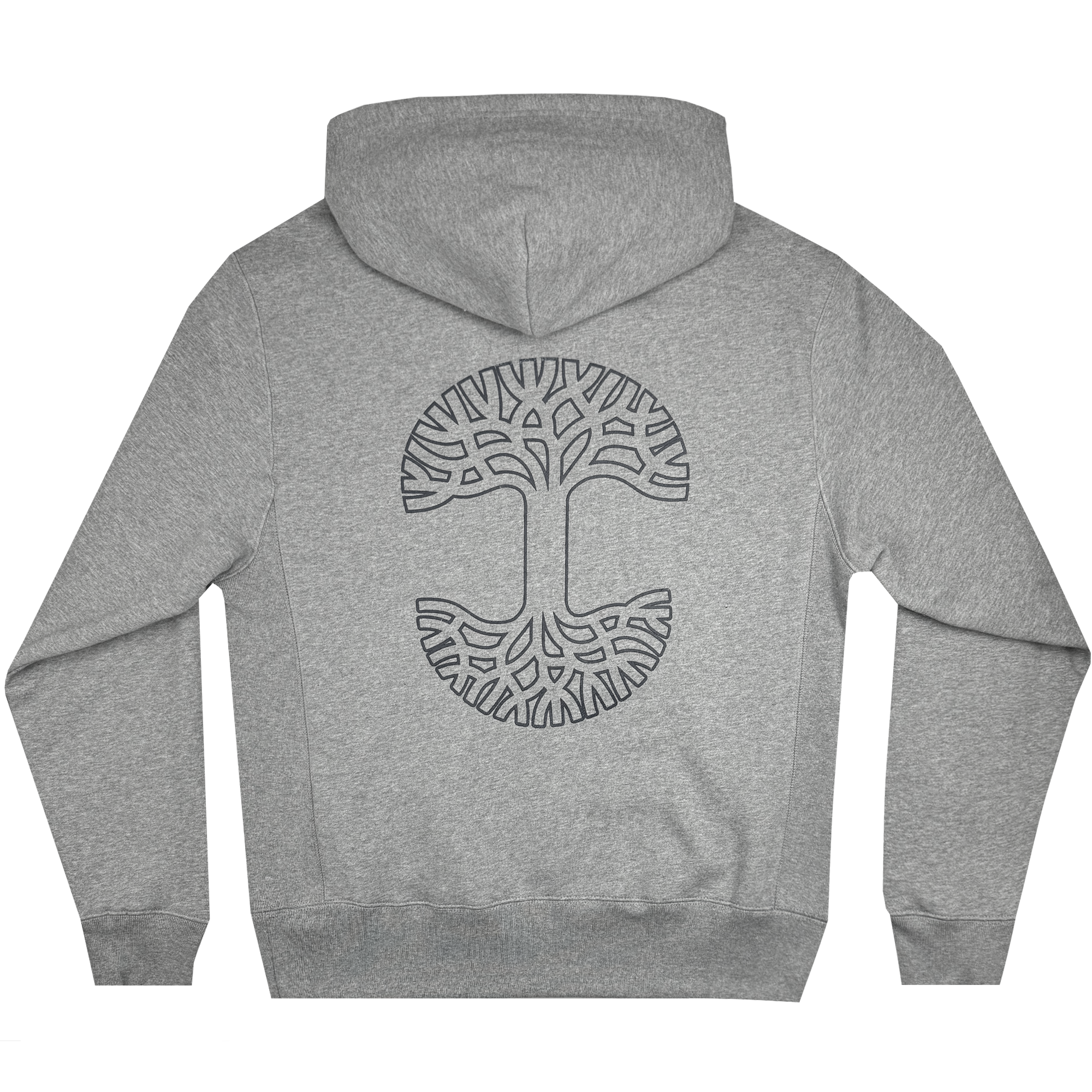 The Bandit Hoodie by Oaklandish is available in heather grey and features a large stylized tree design on the back, with branches extending upward and roots spreading downward for a symmetrical pattern. This men's hoodie includes a drawstring hood, ribbed cuffs, and waistband, crafted from a soft and comfortable fabric.