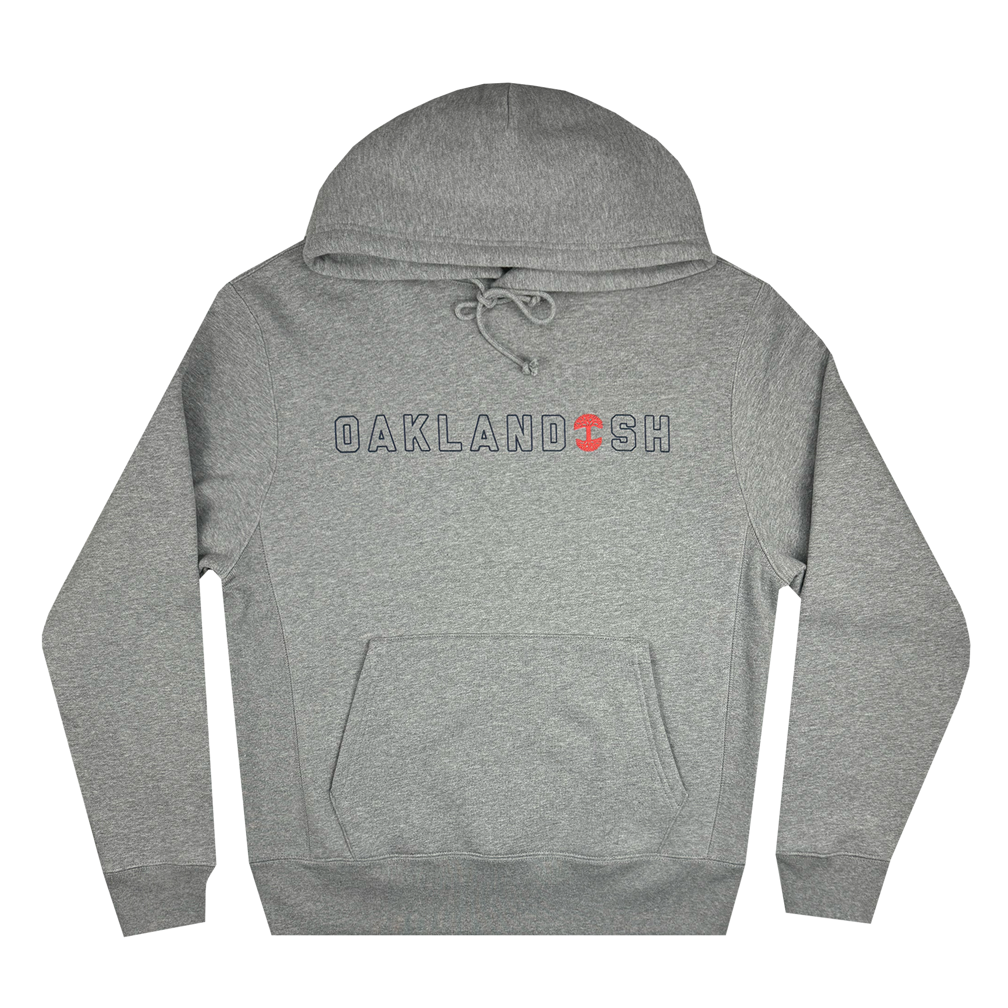 The Bandit Hoodie from Oaklandish is a heather grey pullover that showcases "OAKLANDISH" in bold letters across the chest, with a small red tree symbol substituting the letter "A." It features an adjustable drawstring hood and a front kangaroo pocket, designed for men's sizing. The hoodie is displayed flat against a white background.