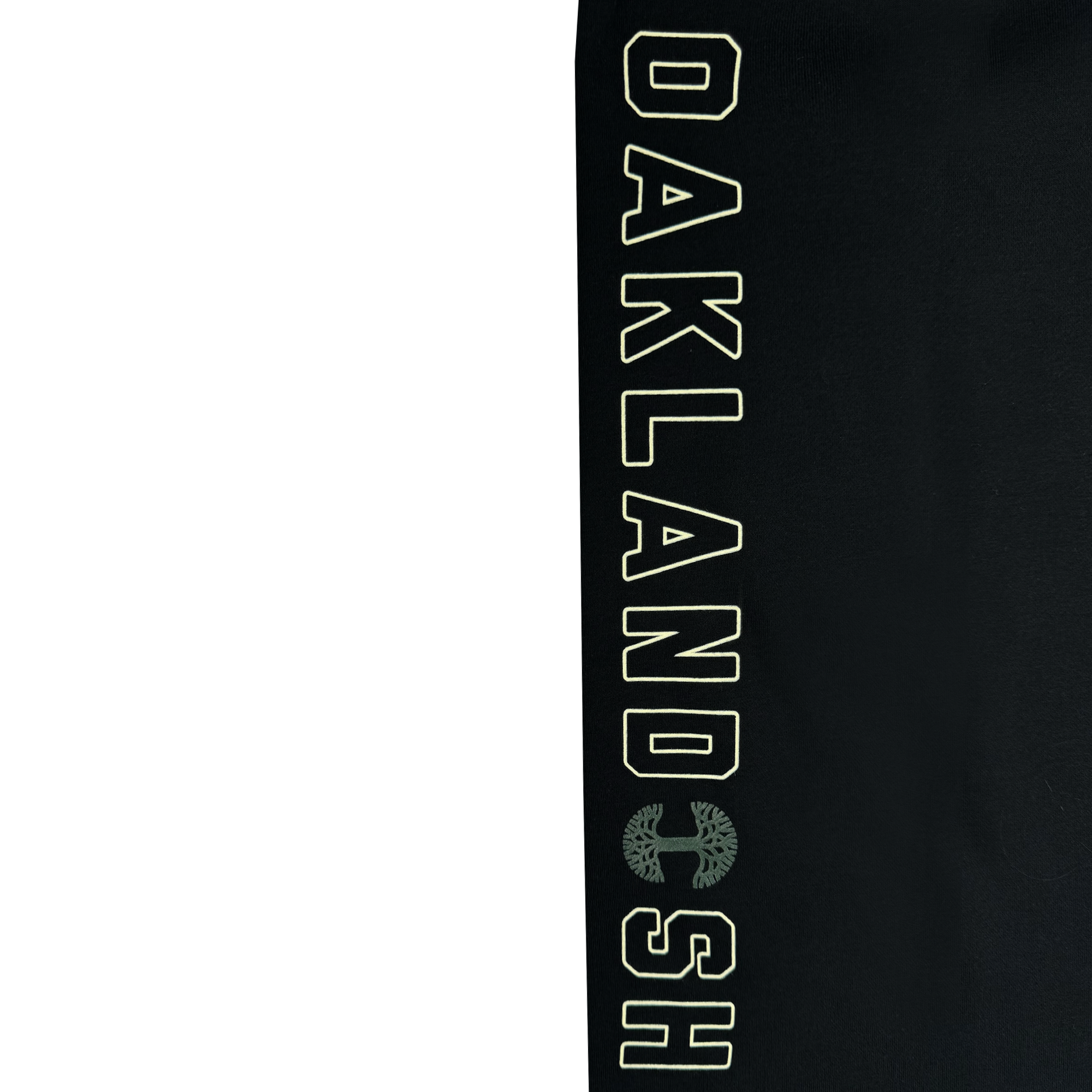 The Bandit Sweatpants by Oaklandish showcase a striking design with a bold, vertical "OAKLANDISH" in light green and a tree motif inside the "D." Designed in unisex sizing for a perfect fit, these sweatpants also feature a convenient hidden zipper pocket. The vibrant design stands out beautifully against the dark background.