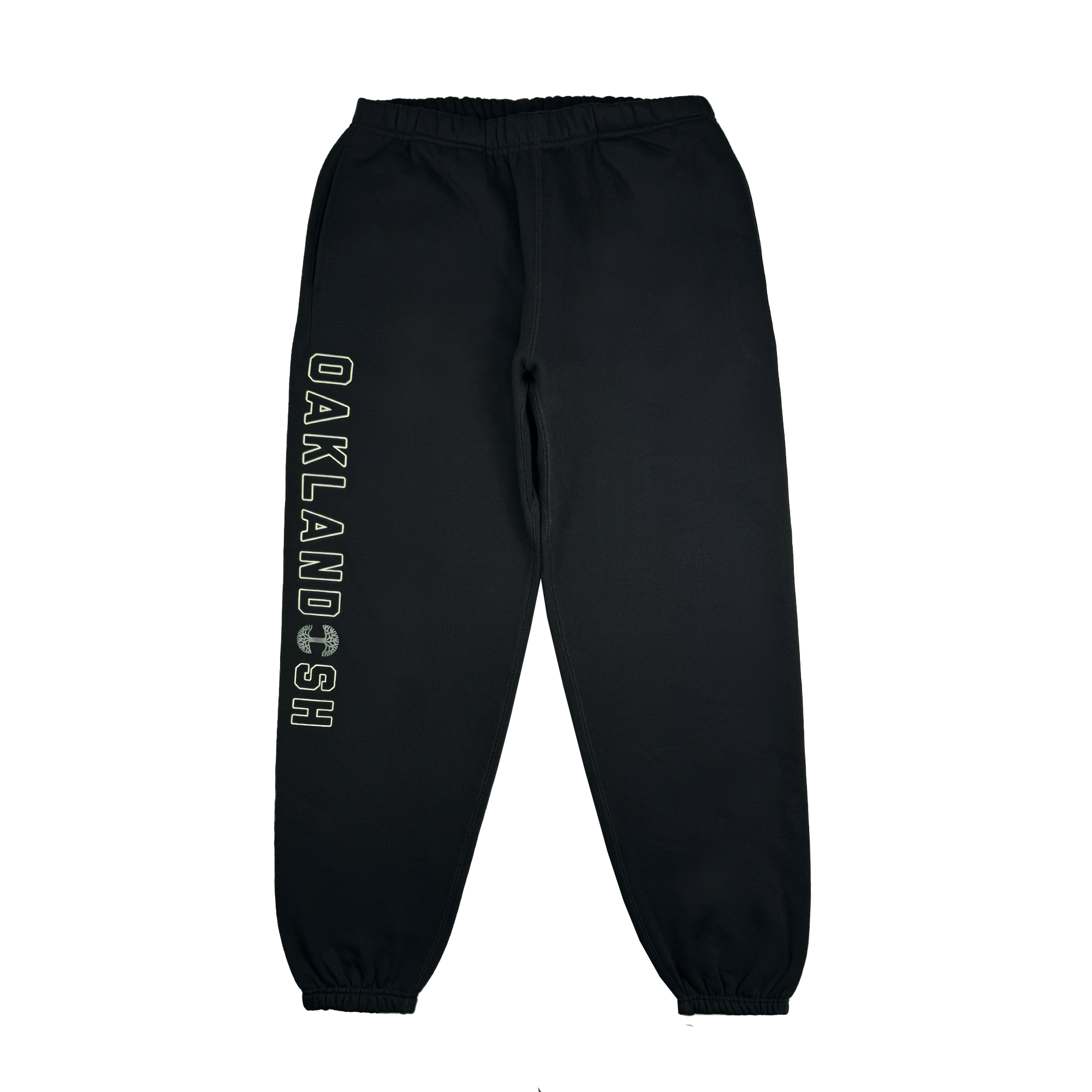 The Bandit Sweatpants by Oaklandish are shown on a white background and come in black with an elastic waistband and cuffs. "OAKLANDISH" is prominently printed in large white letters running vertically along the left leg. These sweatpants feature unisex sizing and include a hidden zipper pocket for added convenience, making them your ideal choice for comfort wear.