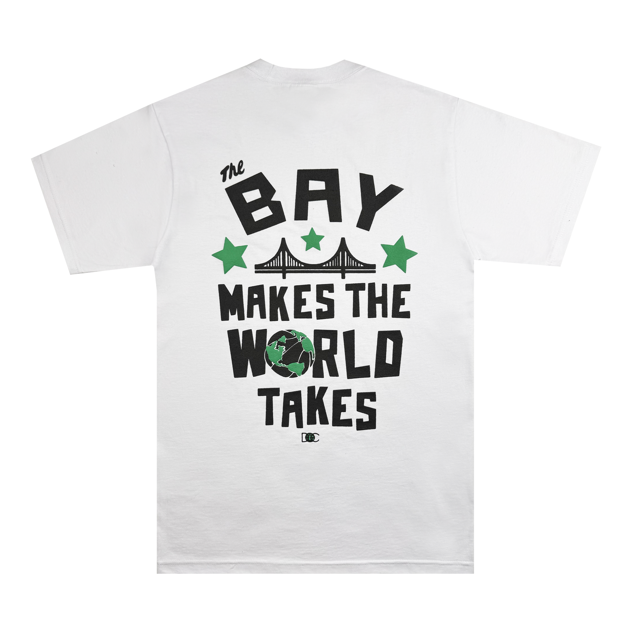 The Bay Bridge Tee by DOC, from brand Oaklandish, is a white t-shirt with a black and green graphic on the back. Inspired by the Bay Area's culture, it features a stylized bridge, three green stars, Earth depiction, and "The Bay Makes the World Takes" in bold black letters.