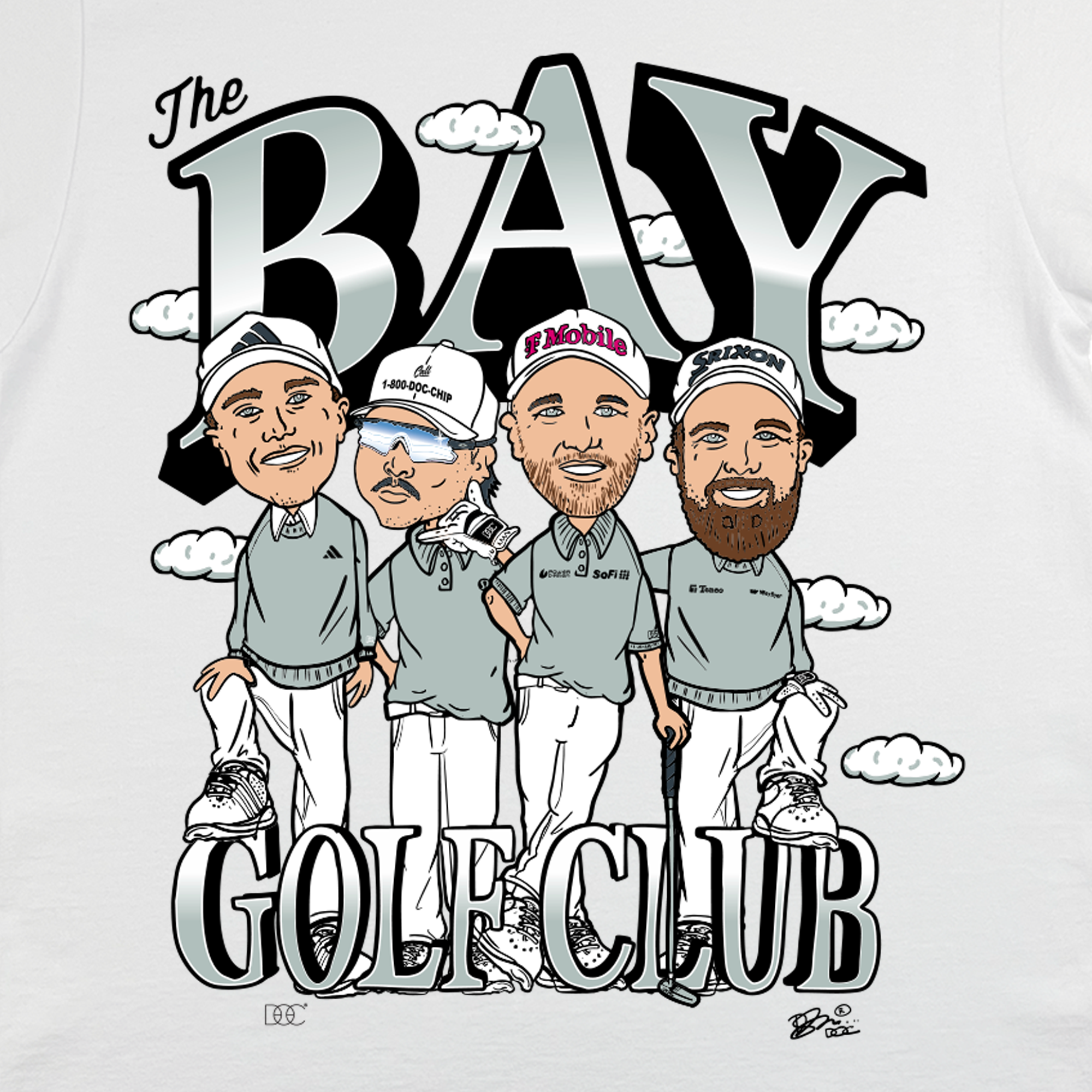 The Bay Golf Club Tee by DOC features four men in golf attire under the words "The Bay Golf Club." They wear unique caps with logos, set against stylized clouds. The design reflects Canalin’s style, using bold outlines and a gray-and-black monochromatic palette.