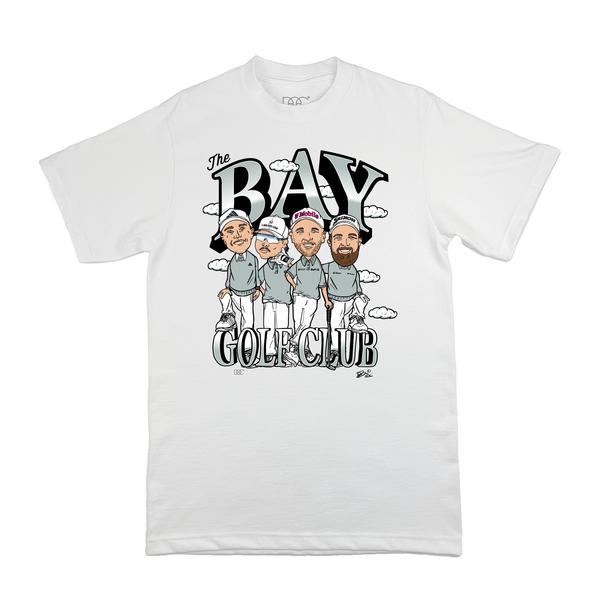 The Bay Golf Club Tee by By DOC features a whimsical Canalin-style illustration of three golfers with clubs, "The Bay Golf Club" printed above and below, and playful clouds embellishing the unique design.