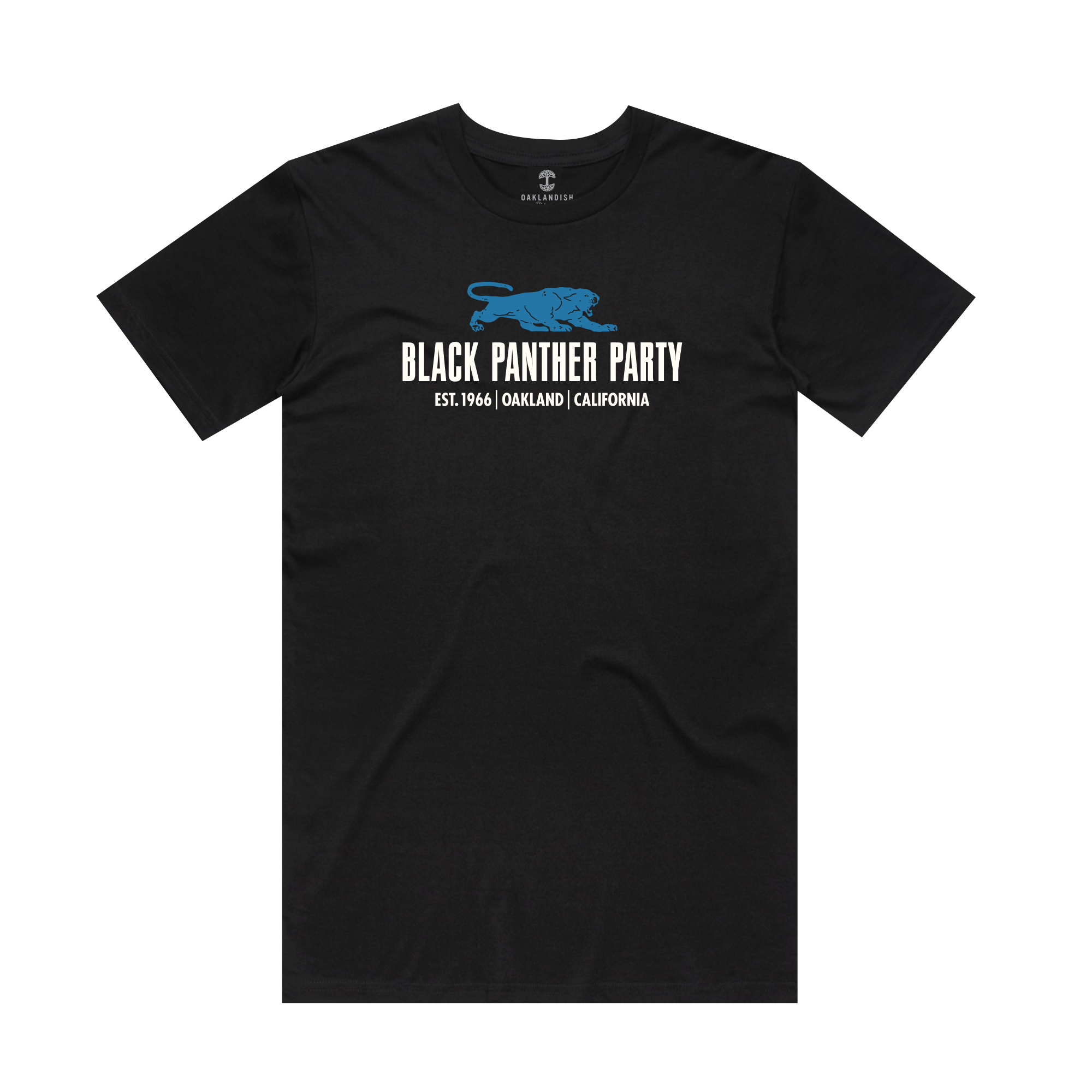 This "Easy to Remember: Clinics Tee" by Oaklandish features a blue panther logo above the text "BLACK PANTHER PARTY EST. 1966 | OAKLAND | CALIFORNIA." Ideal for Black History Month, it includes a small collar tag with a logo, celebrating their free medical clinic initiative.