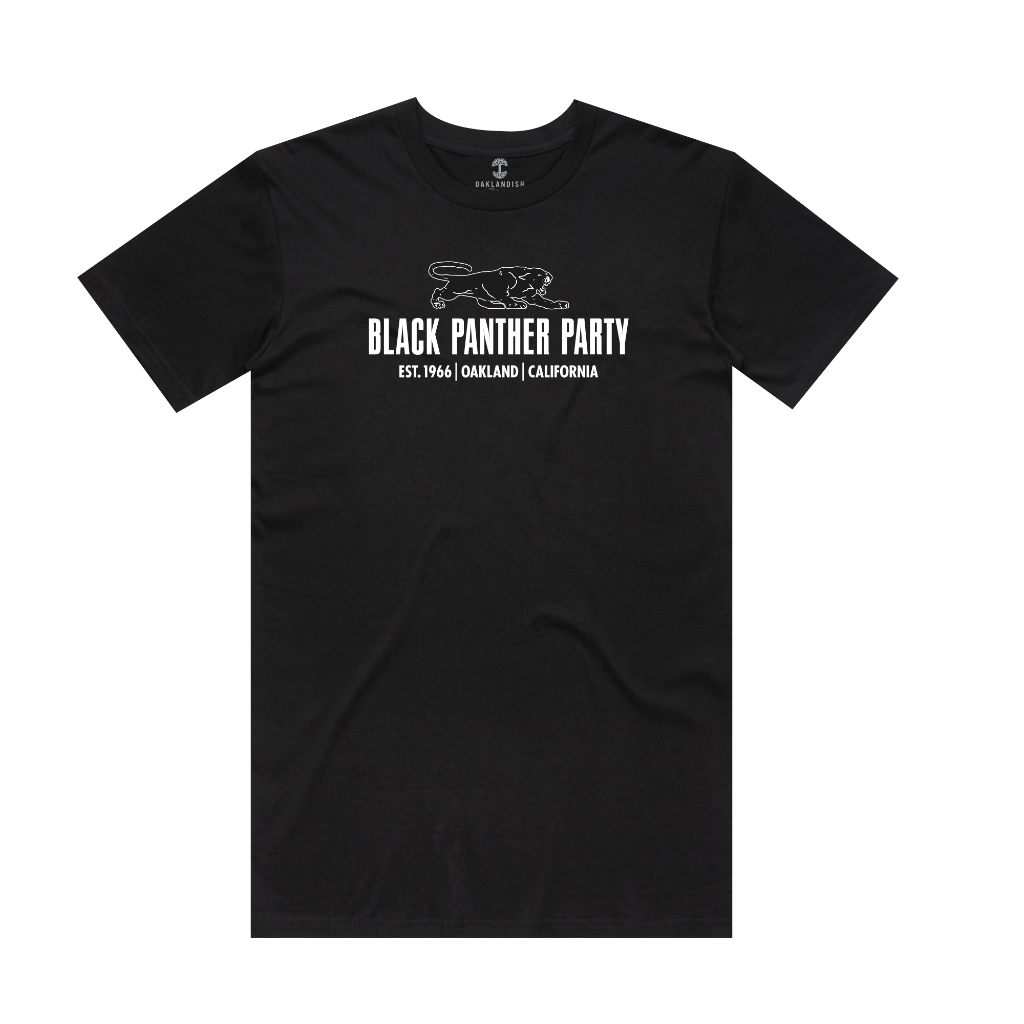 The Easy to Remember: Schools Tee by Oaklandish showcases a black panther graphic and "BLACK PANTHER PARTY" in white on the chest, with "EST. 1966 | OAKLAND | CALIFORNIA" below, honoring Black History Month and the Oakland Community School legacy.