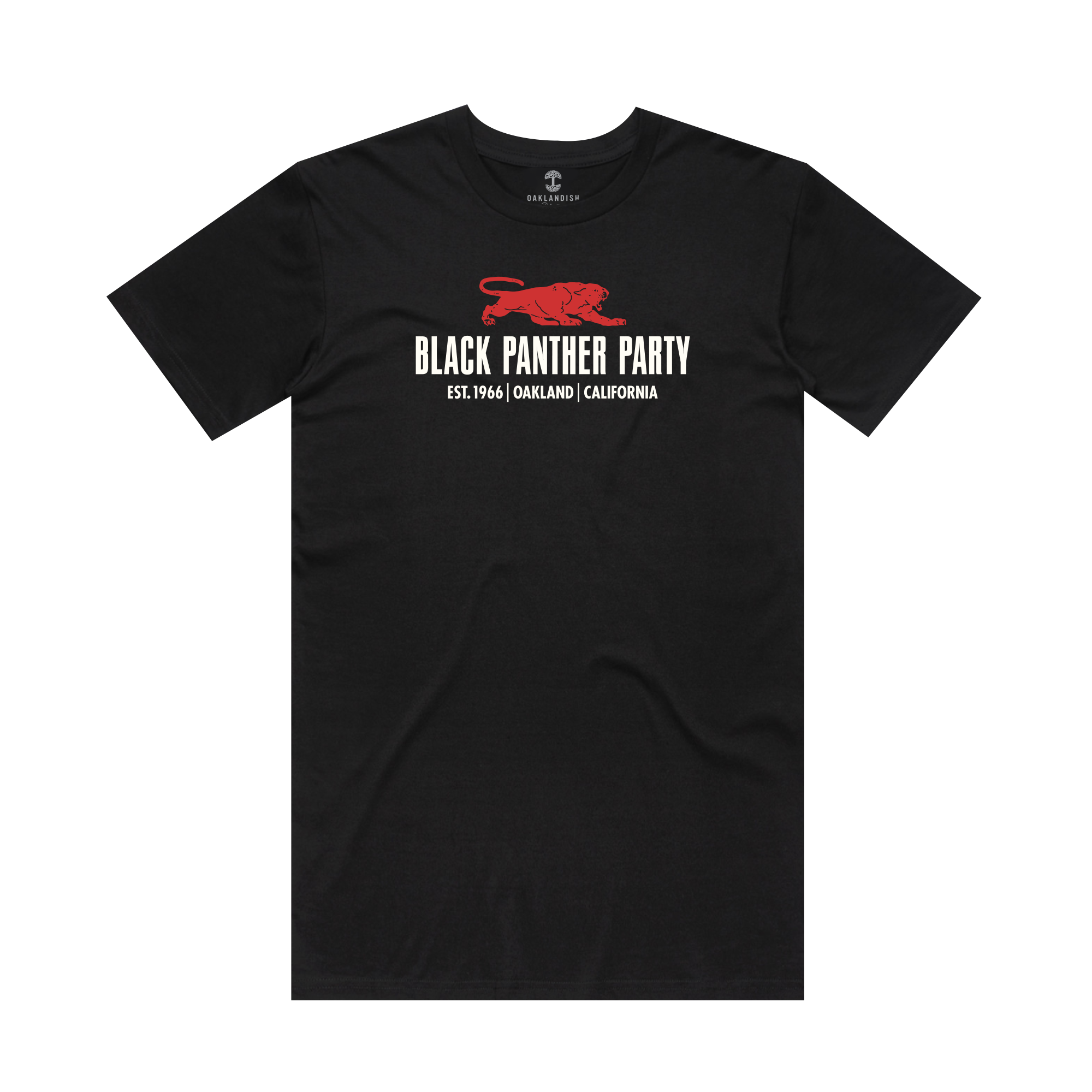 The Easy to Remember: Teachings Tee by Oaklandish features "BLACK PANTHER PARTY" in bold white letters and a red panther illustration, with "EST. 1966 | OAKLAND, CALIFORNIA" below. This short-sleeved shirt honors Black History Month and the party's legacy of community programs.