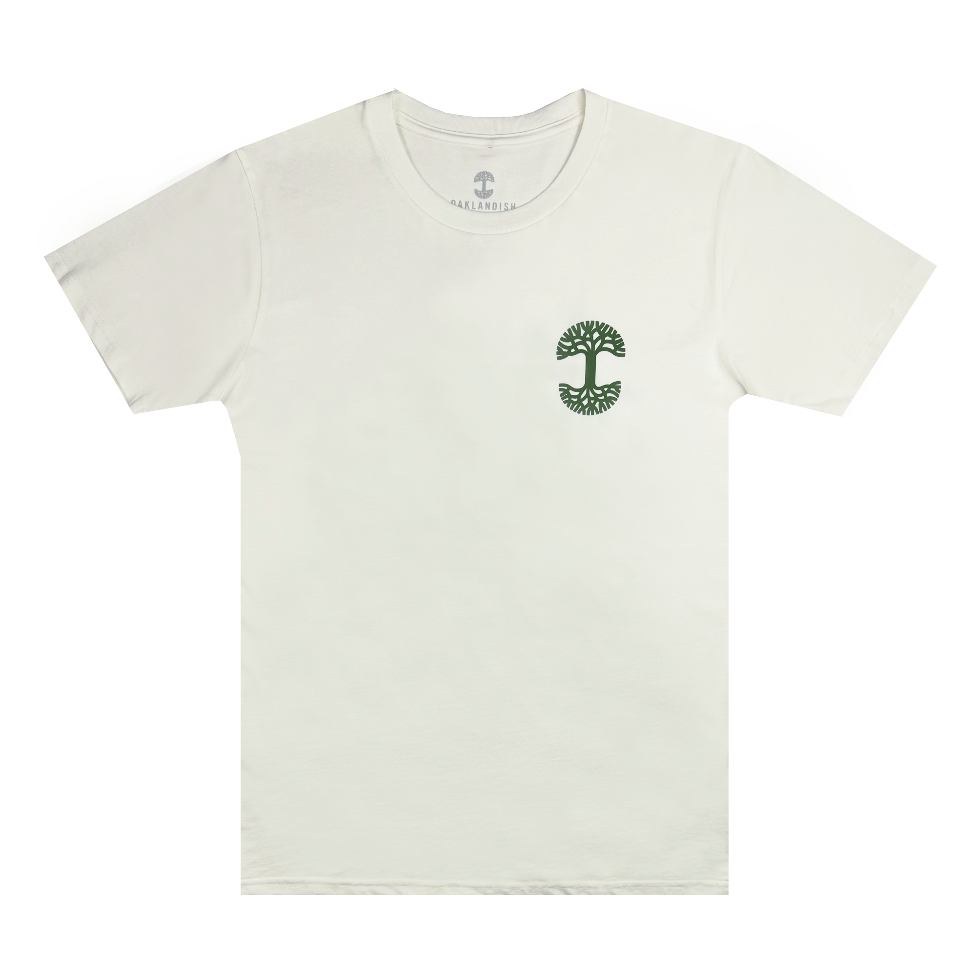 The Black Bird Tee by Oaklandish is a men's classic fit t-shirt made from 100% cotton, featuring a small green tree design on the left chest area. The stylized tree, with its symmetrical branches forming a circular emblem, stands out against the plain background to enhance the shirt's minimalist aesthetic.