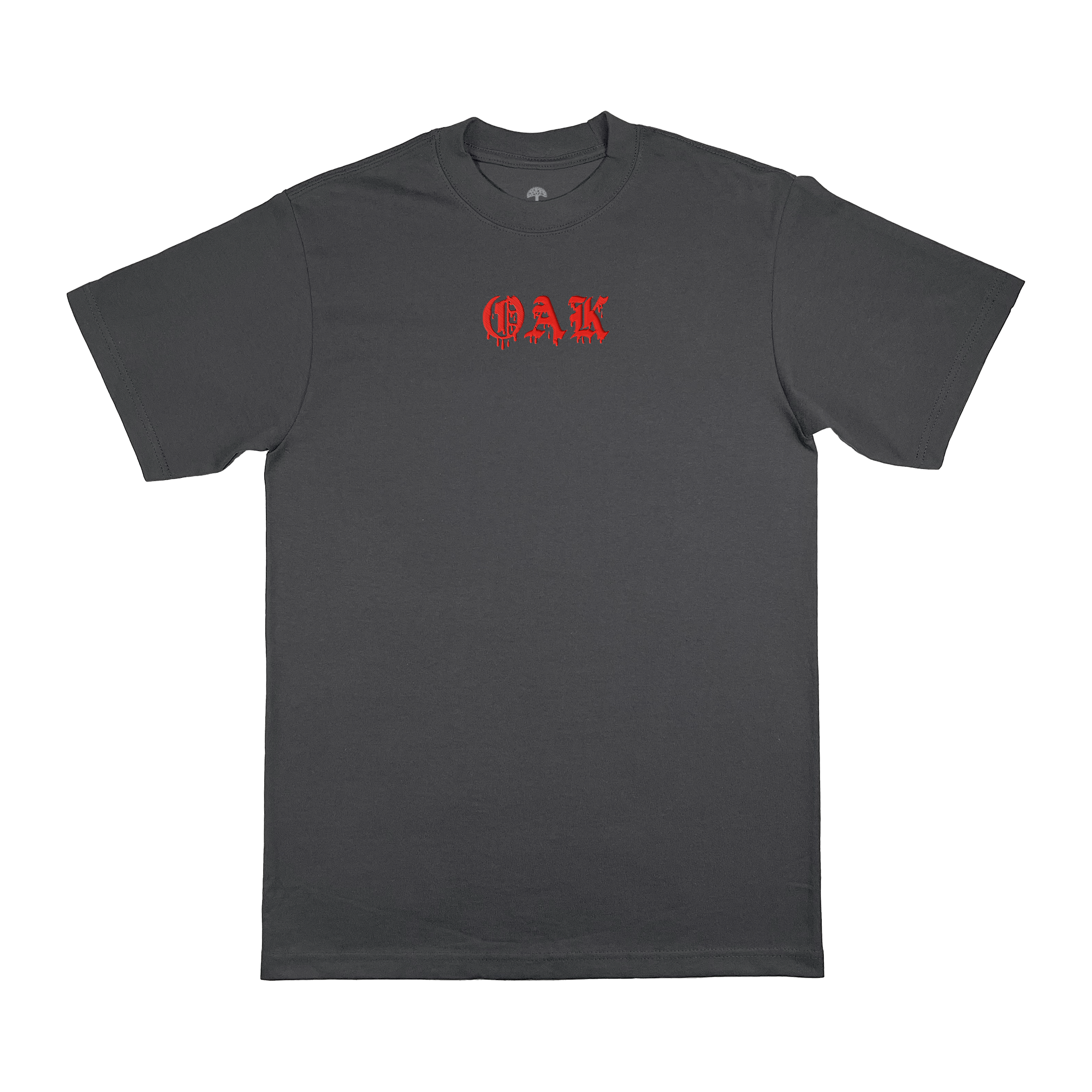 The Bleed Tee by Oaklandish is a heavyweight cotton dark gray T-shirt with "OAK" in red dripping effect text on the chest, featuring a classic crew neck and short sleeves. This exclusive pre-order item is shown laid flat against a white background.