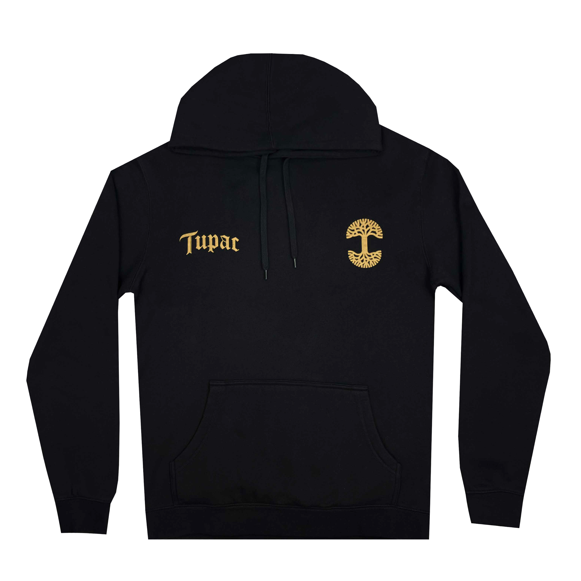 The "Bless Hoodie" by Oaklandish is a black hoodie adorned with gold embroidery that features a "Tupac" inscription on the left chest along with an Oaklandish-style tree symbol on the right. As part of the hip-hop collection, it also includes a front pocket and drawstrings on the hood for enhanced style and comfort.