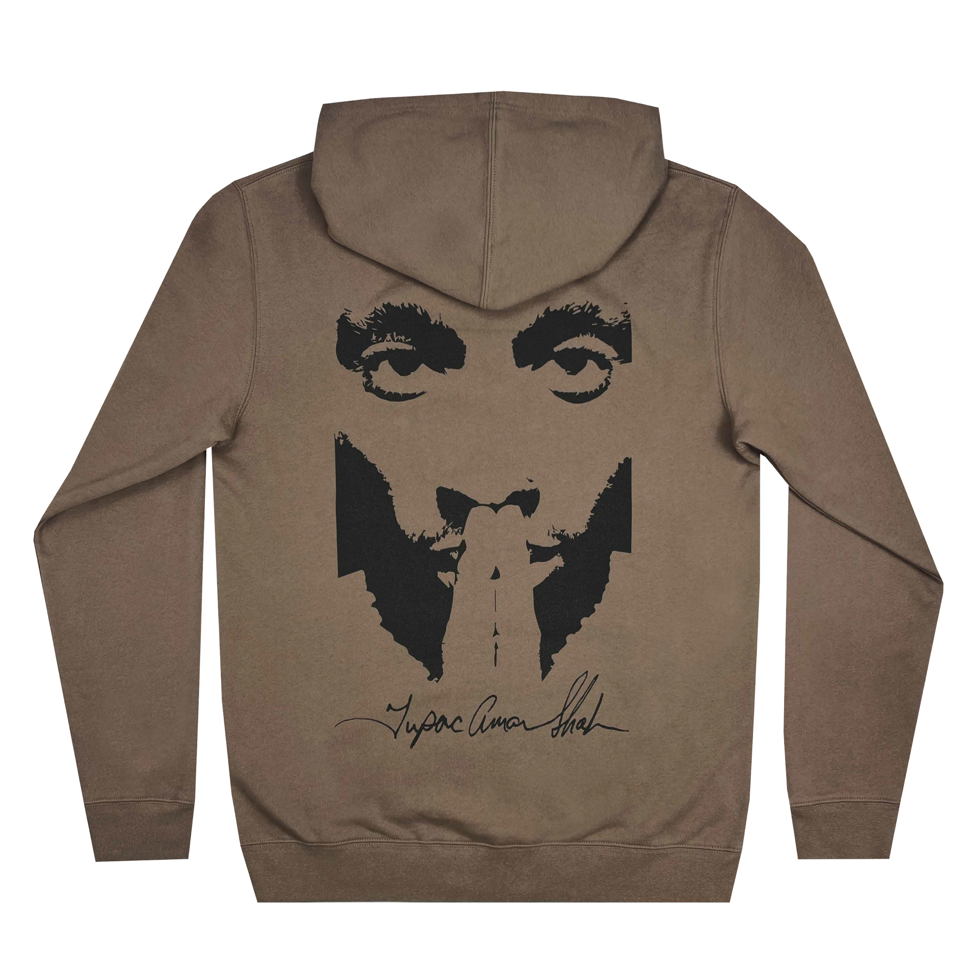 The Oaklandish Bless Hoodie in brown features a monochrome, stylized depiction of a man's face with his finger to his lips in a shushing gesture, accompanied by signature-like text beneath the image. This collaboration piece with Tupac is displayed laid flat against a plain background, showcasing the back view.