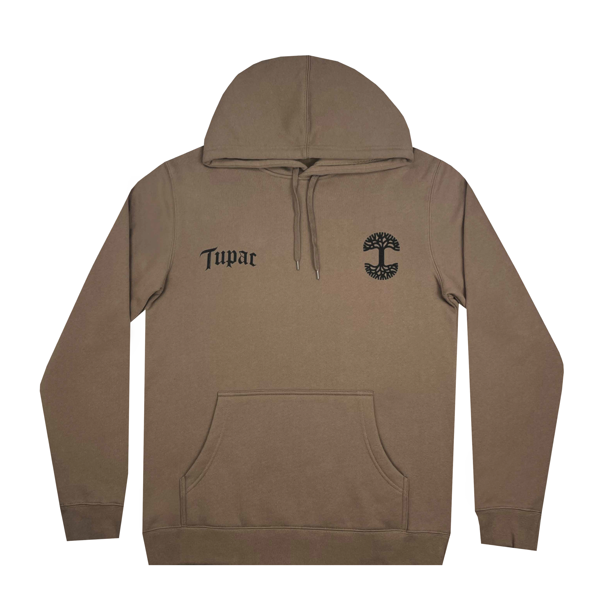 Introducing the Bless Hoodie from Oaklandish: A stylish tan hoodie celebrating the Oaklandish x Tupac collaboration. It features "Tupac" in black on the left chest and a detailed black embroidered emblem of a stylized "C" on the right. Designed with a front pocket and drawstrings, it perfectly blends style with hip-hop heritage.