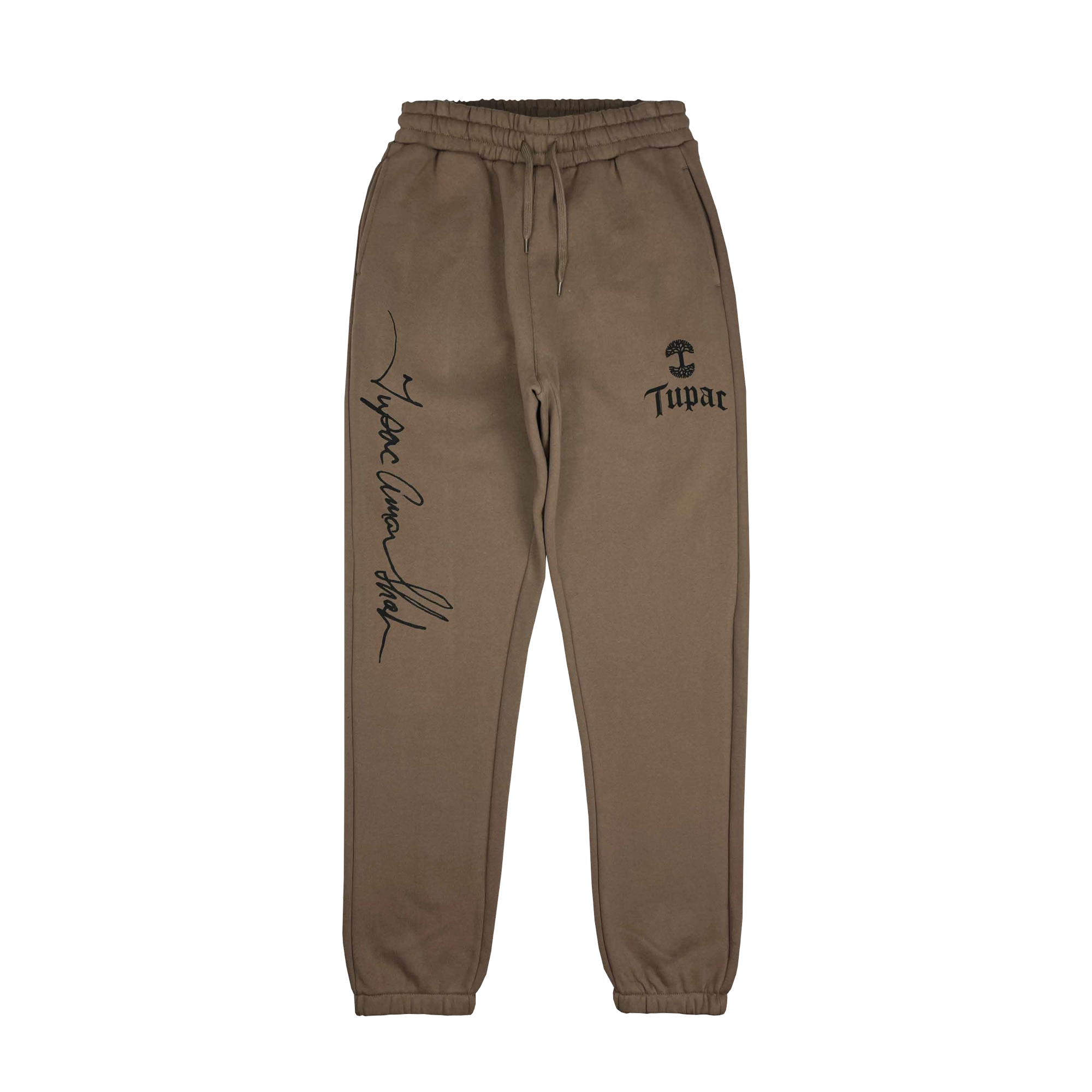 The Bless Jogger from Oaklandish features brown sweatpants with cinched ankles and an elastic waistband, adorned with "Tupac" and a letter "T" on the right thigh, along with a cursive signature across the left leg. This item is part of an exclusive Tupac collaboration in their hip-hop collection.