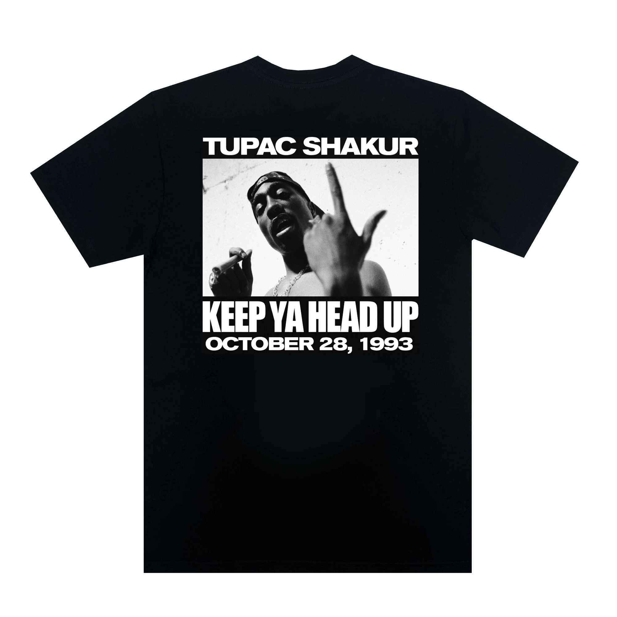 This black T-shirt, called the Brighter Days Tee, is part of Oaklandish's hip-hop collection and features a striking black-and-white photo of Tupac Shakur with his hands raised. His name is printed above the image, while "Keep Ya Head Up October 28, 1993" is boldly displayed below in white.