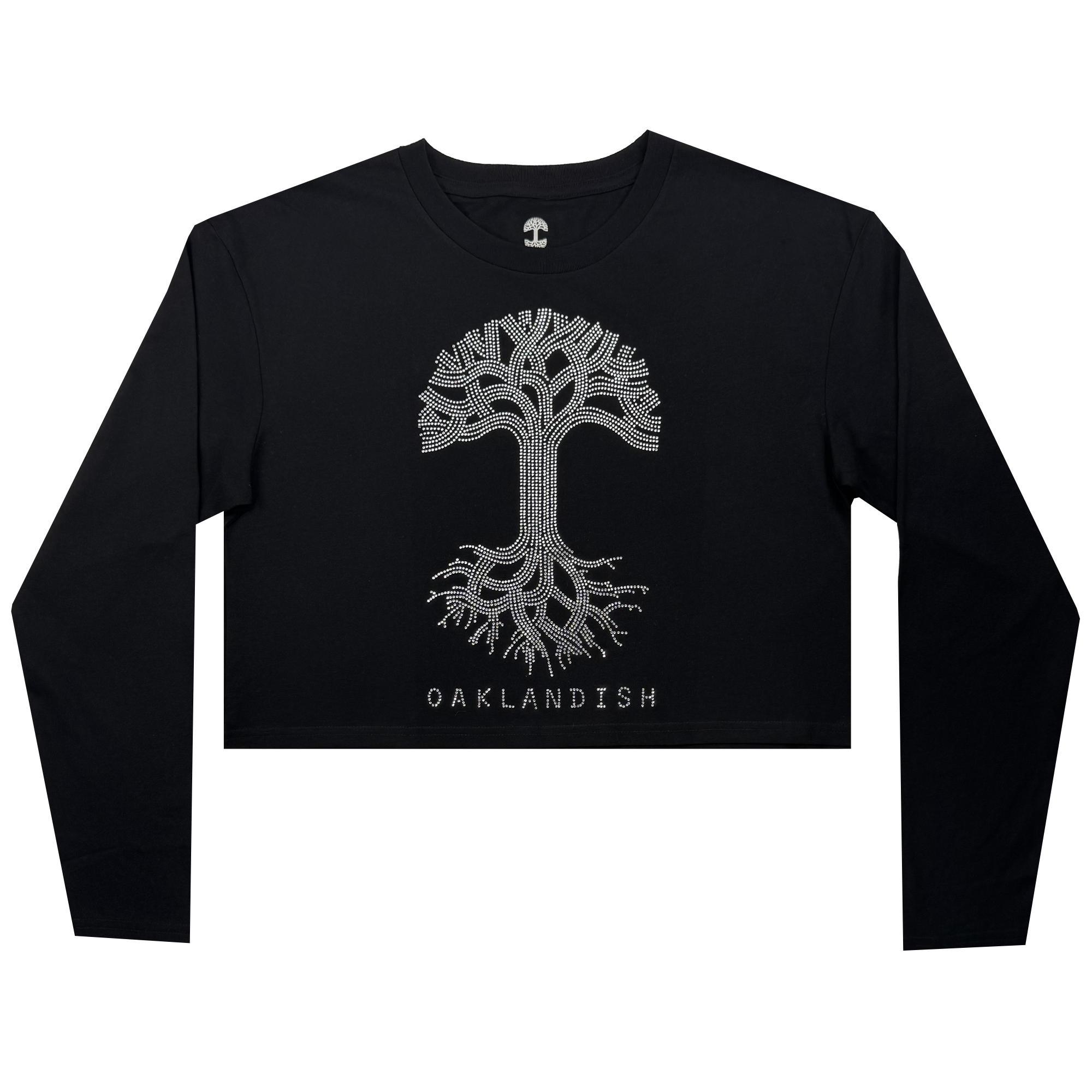 The Women's Oaklandish Classic Logo Rhinestone LS Tee by Oaklandish is a black cropped long-sleeve t-shirt with a detailed white tree and "OAKLANDISH" in rhinestones, featuring clean lines in a casual style tailored for women.