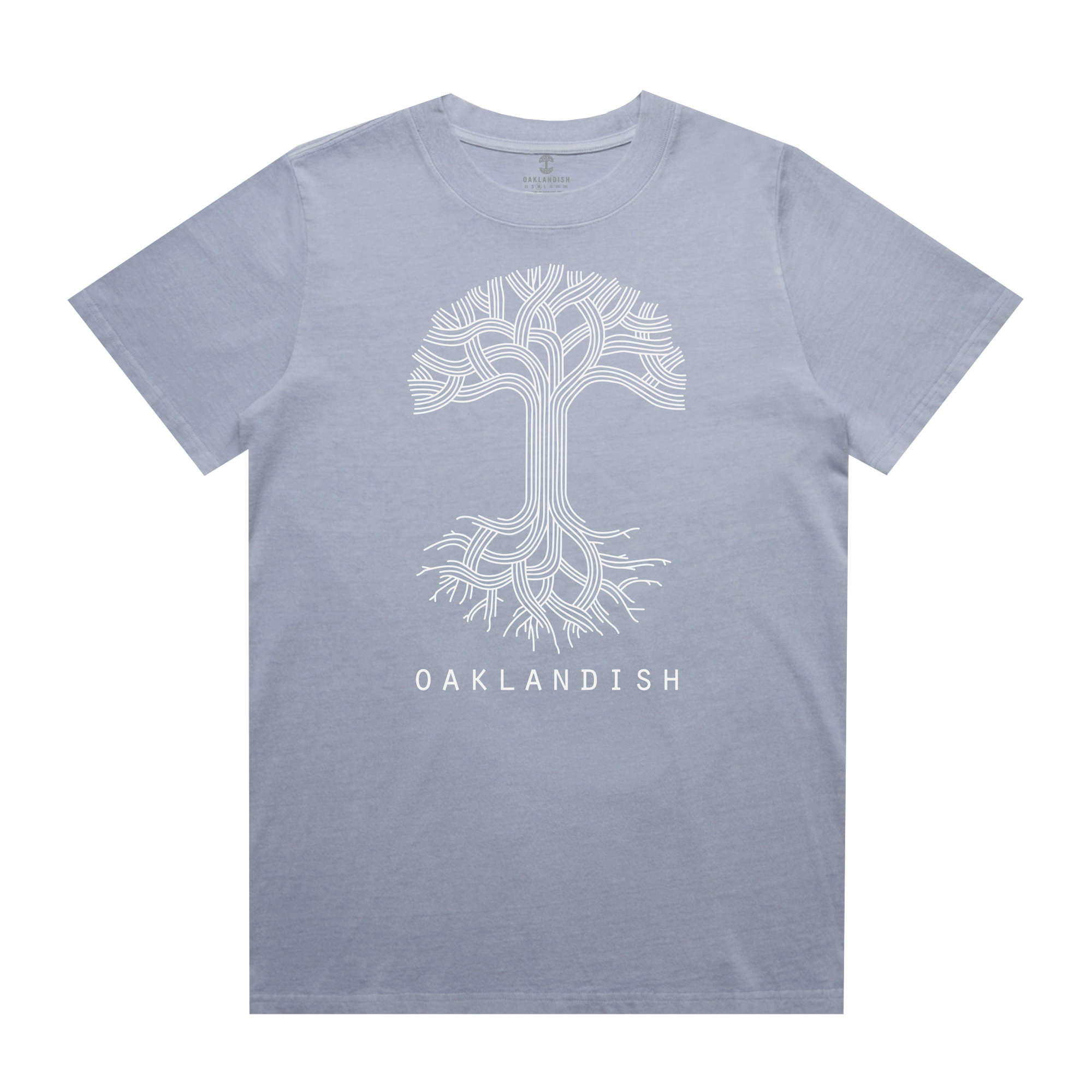 Introducing the Women's Oaklandish Classic Logo Tee by Oaklandish: a gray T-shirt made from 100% cotton, featuring an intricately branched white tree graphic reminiscent of a circuit board, with "OAKLANDISH" elegantly printed beneath the tree.