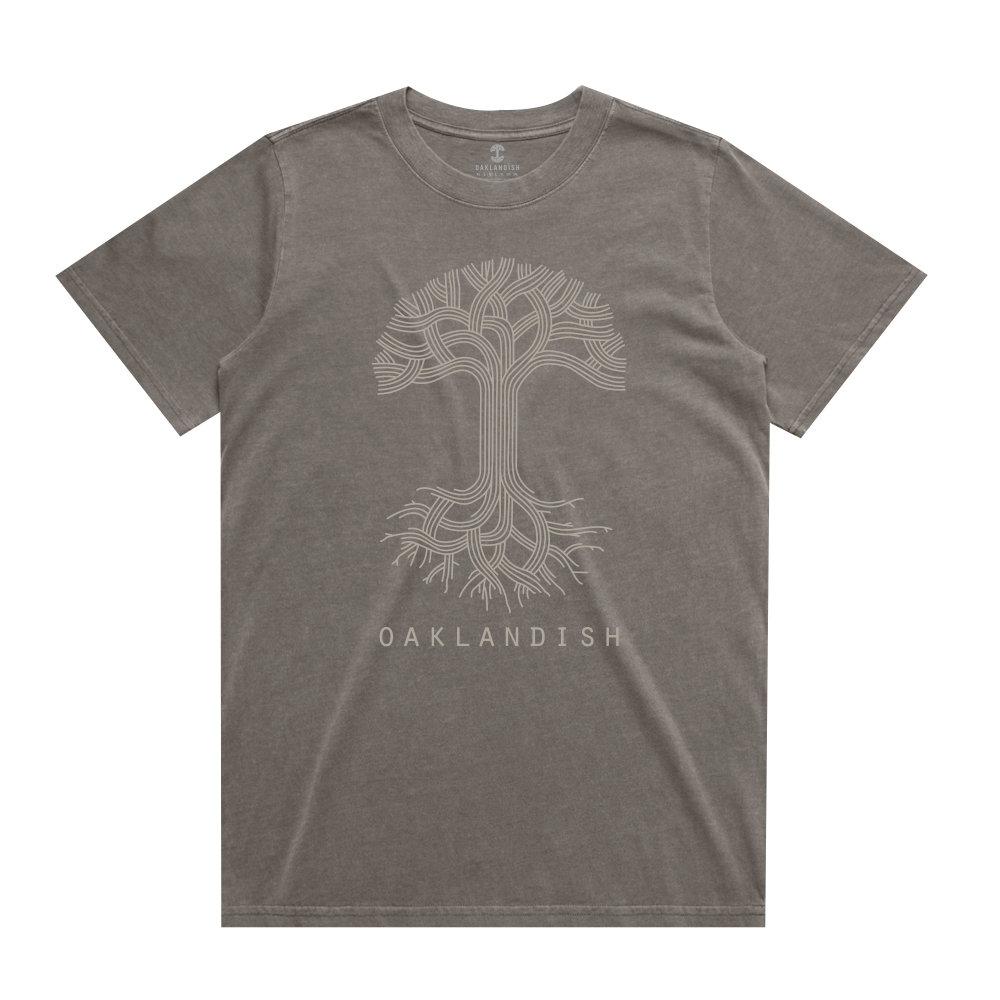 Introducing the Women's Oaklandish Classic Logo Heavy Tee by Oaklandish: This gray T-shirt showcases a detailed large tree design with intricate light gray branches and roots. "OAKLANDISH" is prominently displayed in bold below the tree. Made from heavy-weight cotton, it features an oversized fit with casual short sleeves and wide neck ribbing for ultimate comfort.