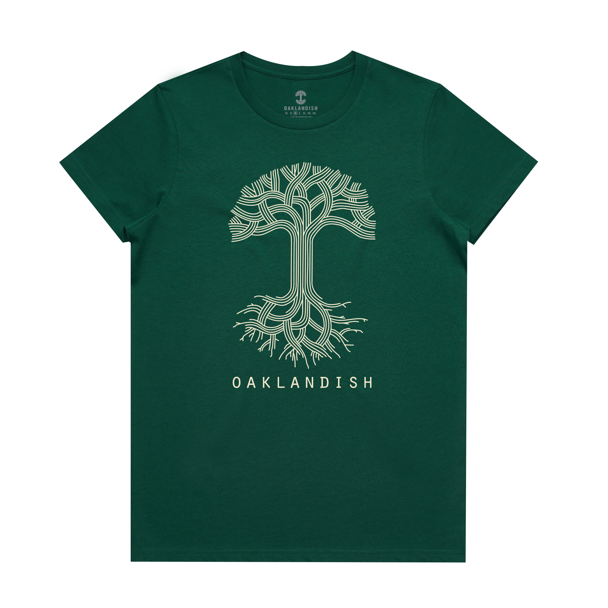 Explore the Women's Oaklandish Classic Logo Tee from Oaklandish, a distinctive green T-shirt made of 100% cotton. It showcases a stylized white tree with complex branches and roots, alongside a contemporary circuit-like design that spells "OAKLANDISH" below. Available now at Jade Shop.