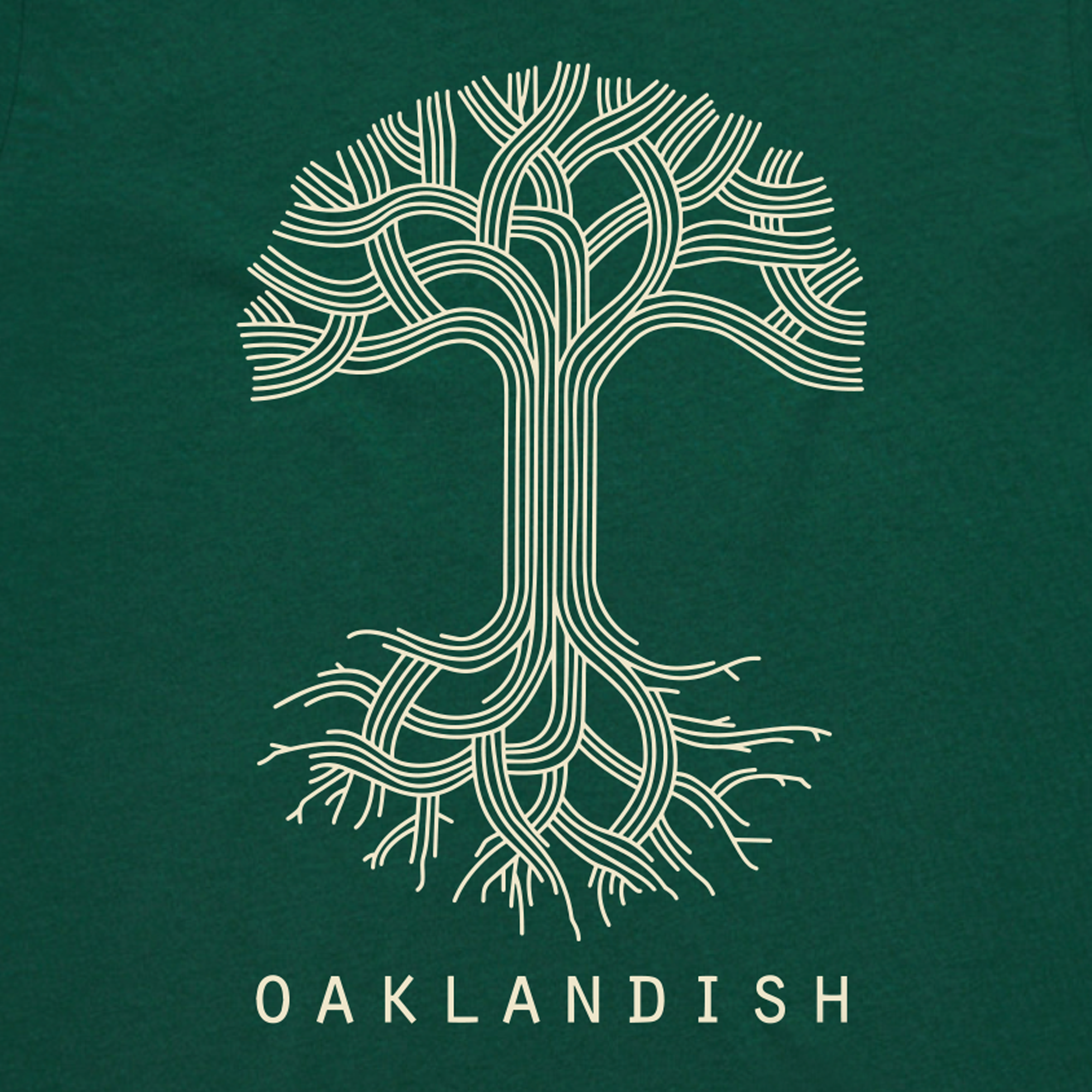 The Women's Oaklandish Classic Logo Tee by Oaklandish is made from 100% cotton and showcases a stylized line art design of a tree with intricate branches and roots on a dark green background. The symmetrical pattern gracefully frames the word "OAKLANDISH" below and is available exclusively at Jade Shop.