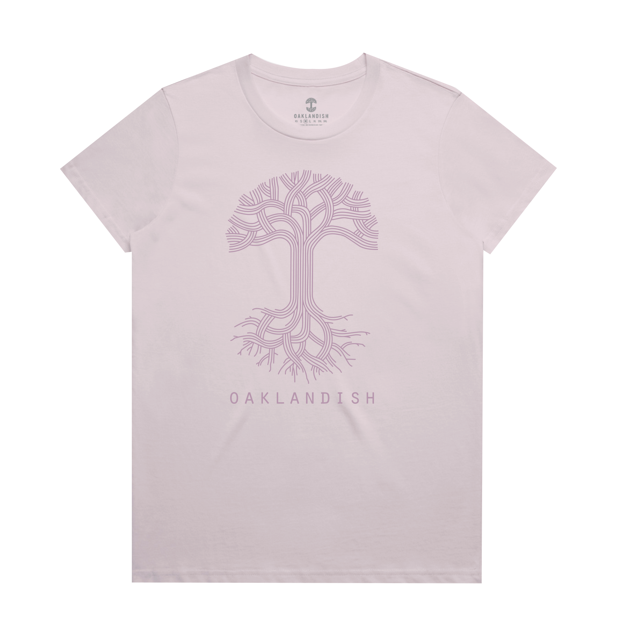 The Women's Oaklandish Classic Logo Tee by Oaklandish is crafted from 100% cotton in a light pink hue and features a stylized tree design with curled branches and roots in purple. The word "OAKLANDISH" appears below the tree in matching purple, perfectly centered on the classic fit tee for both comfort and style.