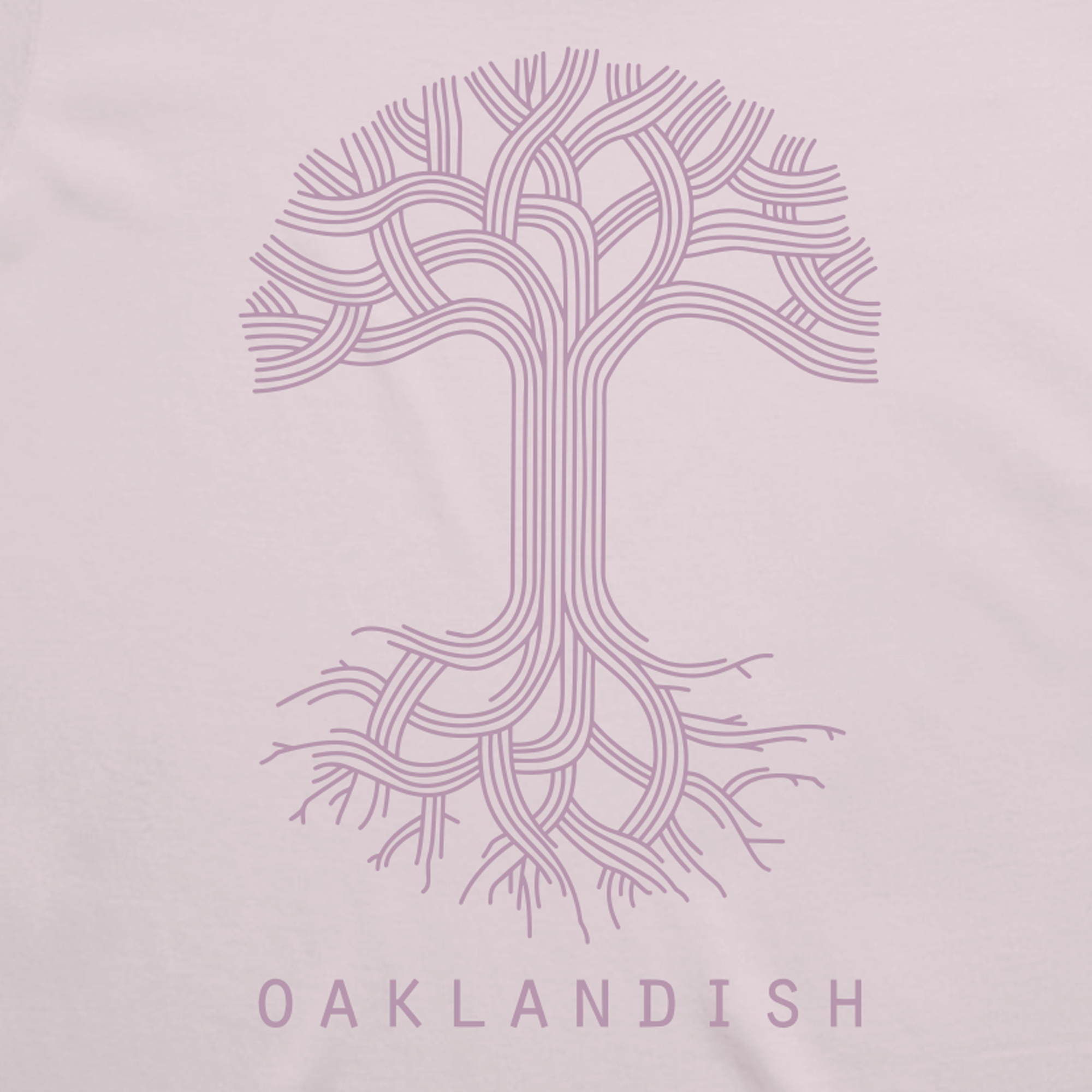 The Women's Oaklandish Classic Logo Tee by Oaklandish features a stylized tree design with interwoven branches and roots resembling circuit lines in purple. Set against a light pink background, the word "OAKLANDISH" appears below in matching purple, available exclusively at the Orchid Shop.