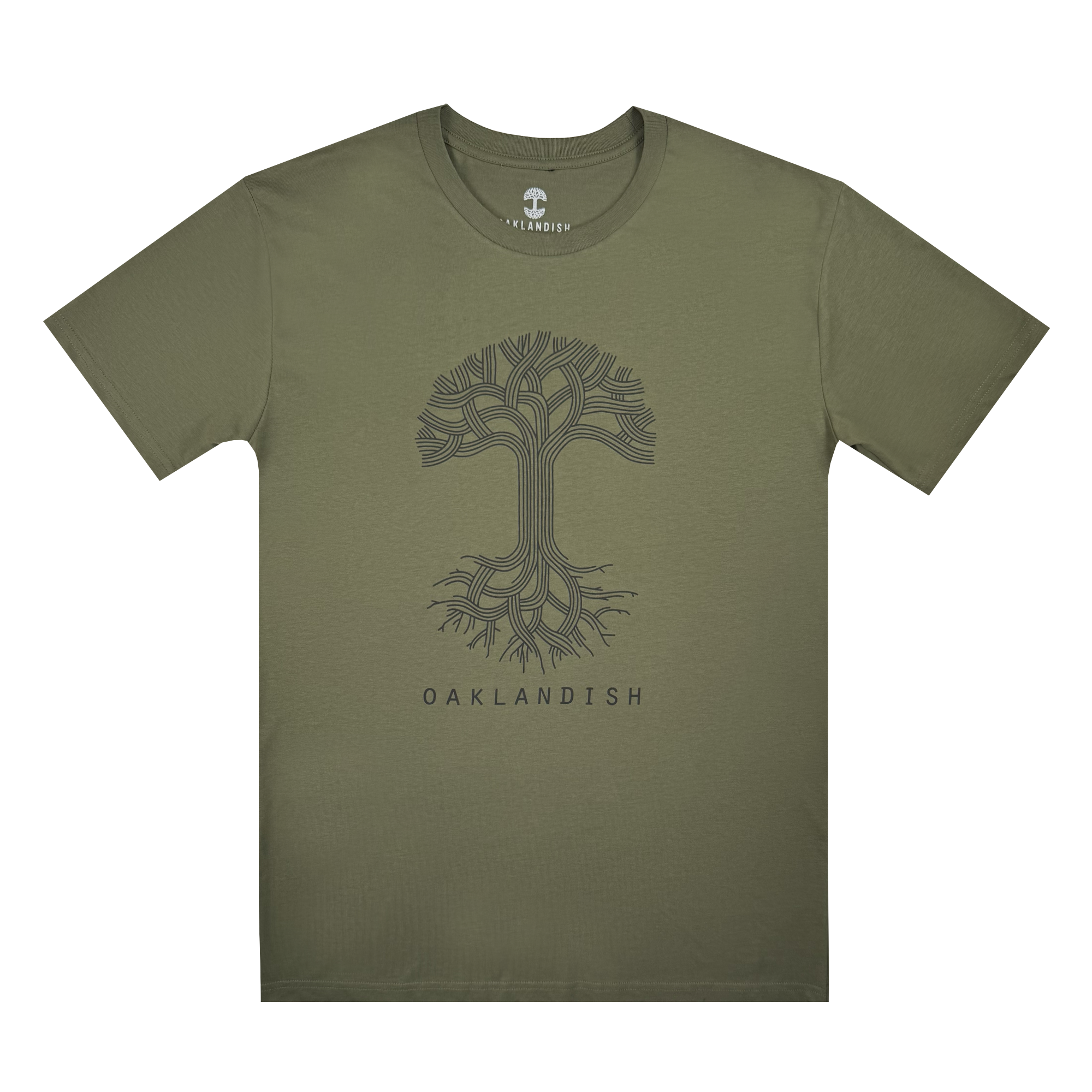 The Oaklandish Classic Logo Tee by Oaklandish is an olive green t-shirt featuring a black stylized tree with branching roots and the word "OAKLANDISH" below, merging nature with modern design in a simple, symmetrical style.