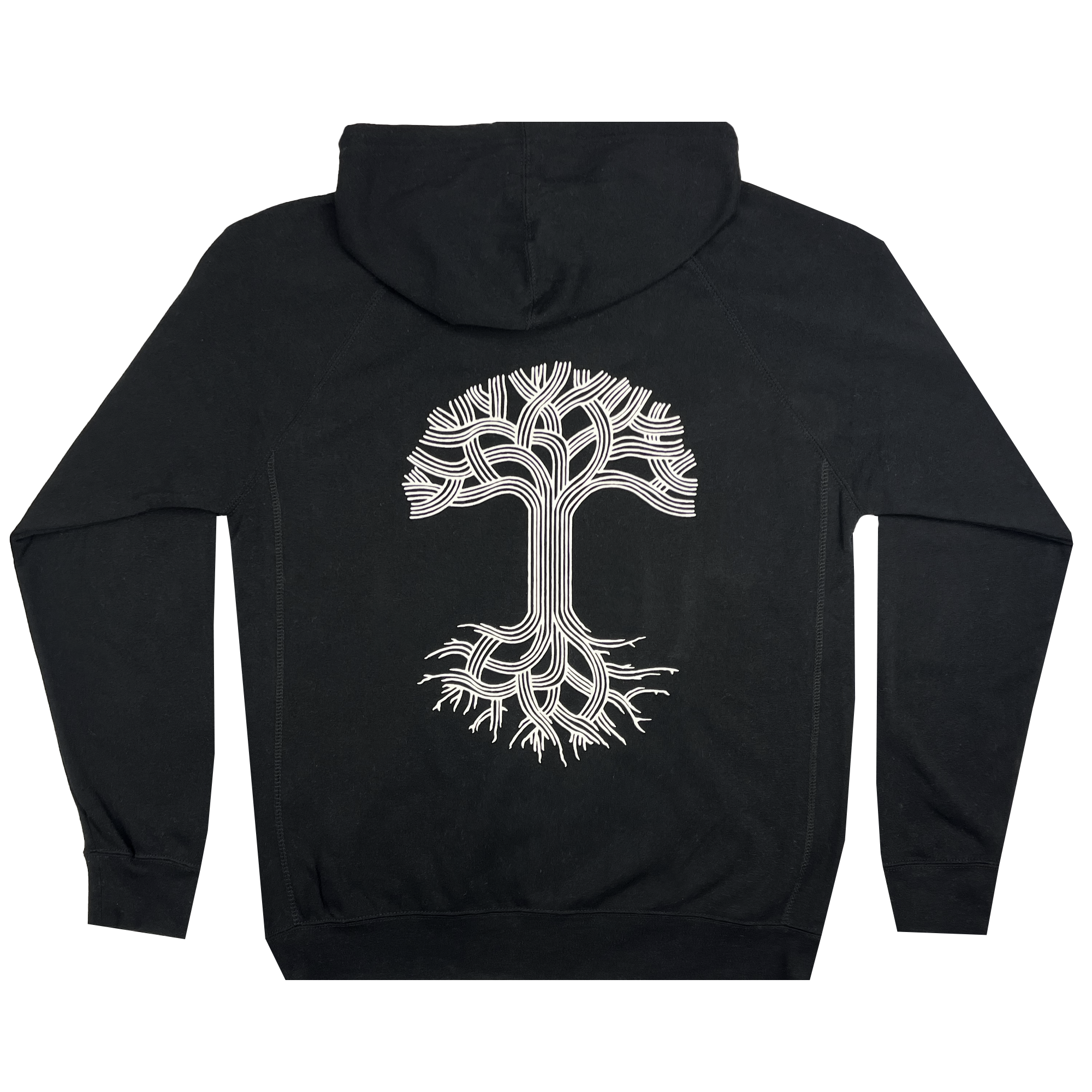 The Oaklandish Classic Zip Hoodie by Oaklandish is a black zip-up hoodie showcasing a white, stylized tree design on the back. The tree features intricate branches and roots, forming a symmetrical pattern that extends from the top to the bottom of this unisex outerwear piece.