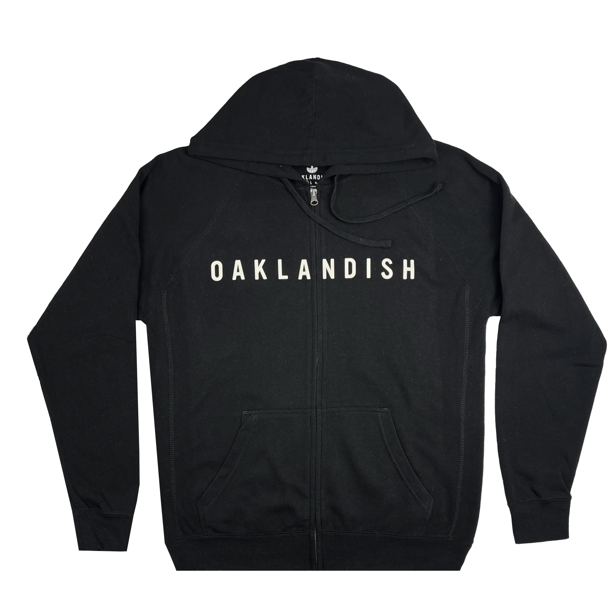 An Oaklandish Classic Zip Hoodie, featuring a sleek black design with "OAKLANDISH" printed in bold white capital letters across the chest. This unisex zip-up hoodie includes a front zipper, two front pockets, and a drawstring hood. The garment is displayed laid flat on a white background.