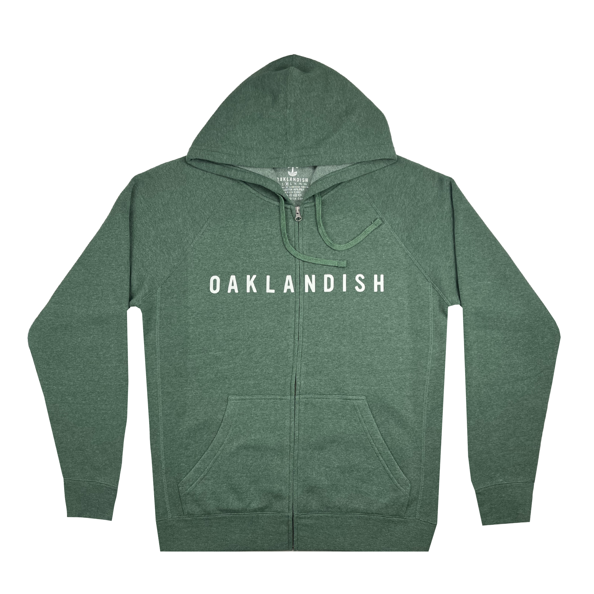 Introducing the Oaklandish Classic Zip Hoodie—a unisex forest green zip-up hoodie featuring a hood and front pockets. Across the chest, "OAKLANDISH" is boldly printed in uppercase white letters. This versatile piece from Oaklandish boasts a simple, classic design with ribbed cuffs and hem, making it an essential addition to any wardrobe.