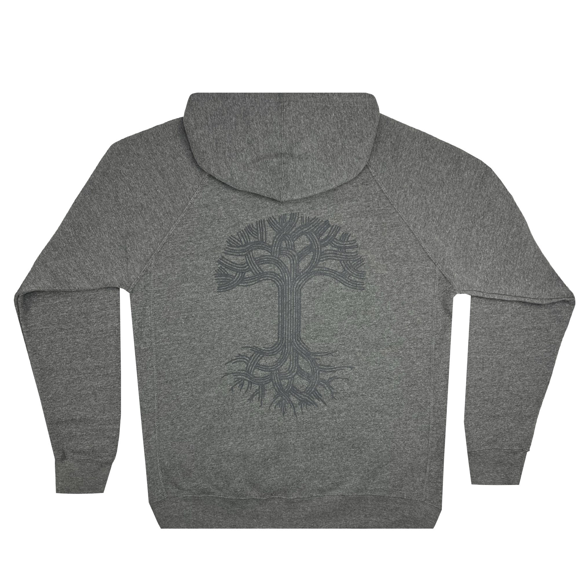 The Oaklandish Classic Zip Hoodie from Oaklandish is showcased from the back, revealing an elaborate tree design with sprawling branches and roots. This gray zip-up outerwear features a relaxed unisex fit with long sleeves and a hood. The tree design boasts a slightly darker shade than the fabric, creating a subtle contrast.