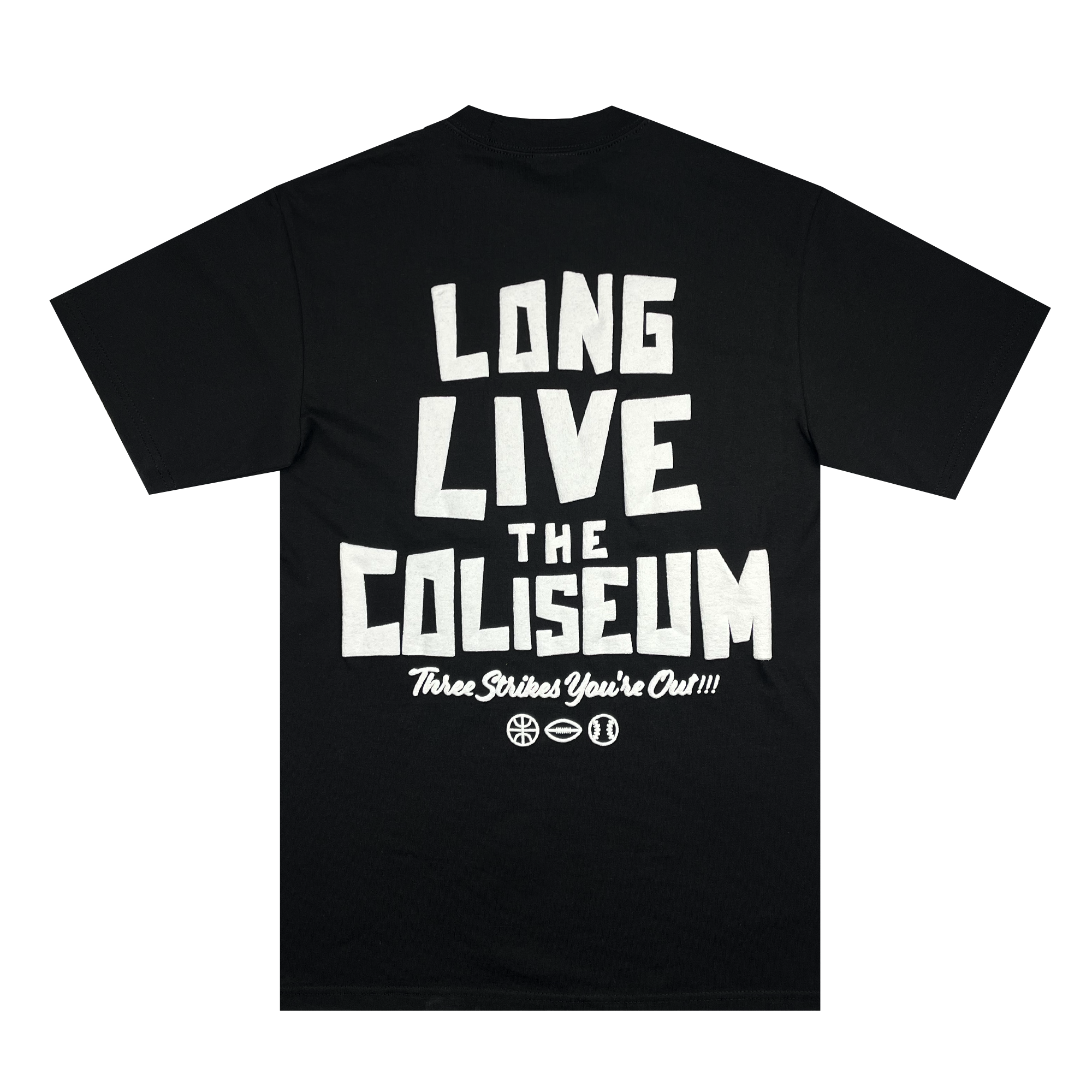 The Coliseum Tee by DOC from Oaklandish features a black t-shirt with bold, white text on the back that reads: "LONG LIVE THE COLISEUM. Three Strikes You're Out!!!" Below this phrase are three small icons: a circle with three dots, an equals sign, and a circle divided in half—perfect for commemorating the final game at Oakland Coliseum.