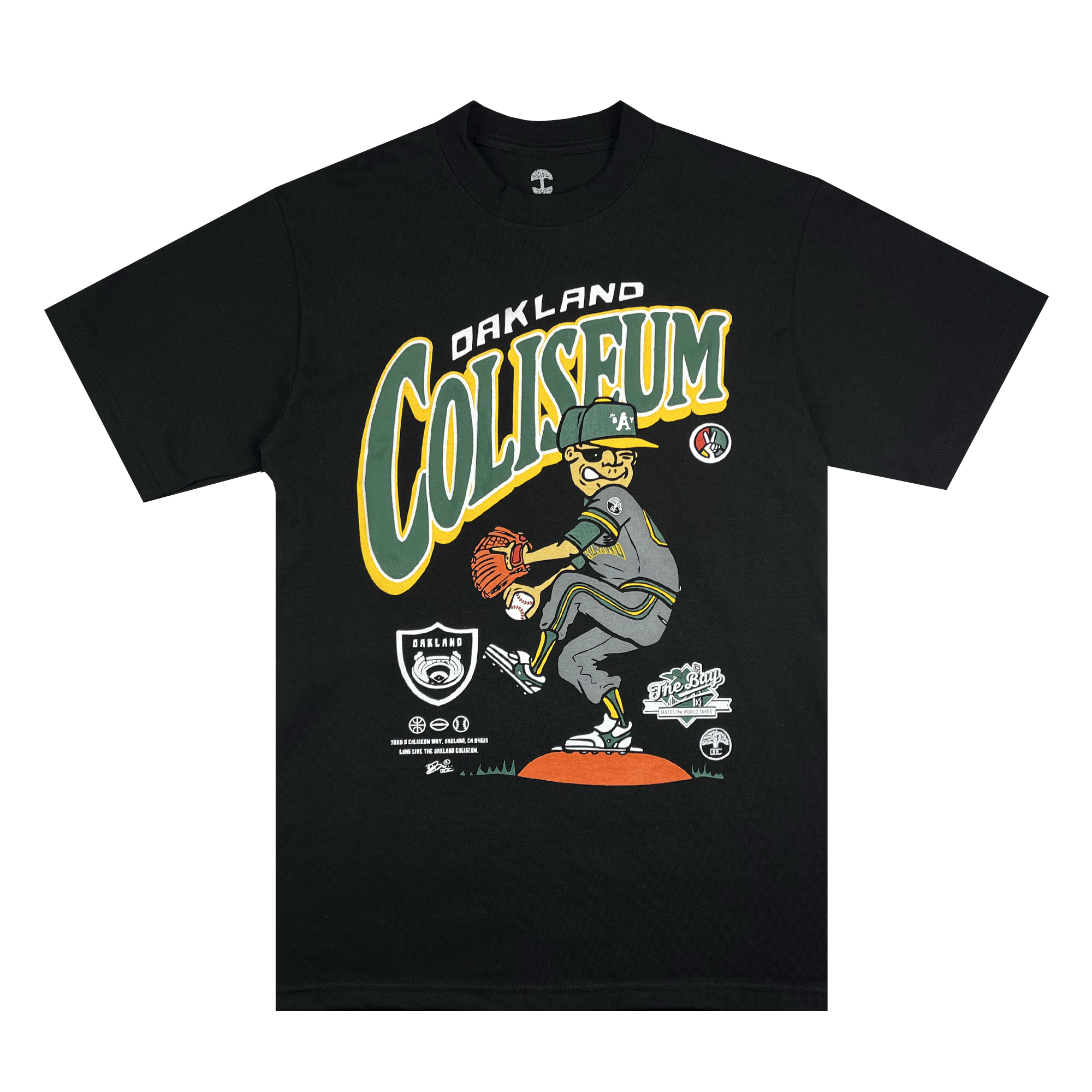 The Coliseum Tee By DOC from Oaklandish is a black T-shirt that features a colorful cartoon graphic of a baseball player pitching with "Oakland Coliseum" boldly written above. The player, wearing an A's uniform complete with logo patches, was brought to life by artist Dustin O. Canalin. Decorative emblems and logos adorn the space below the image.