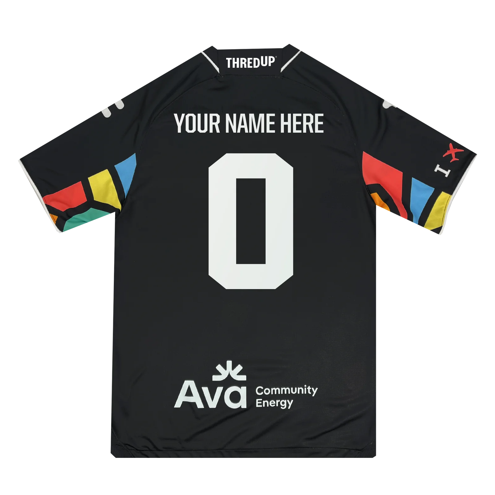 A black sports jersey with geometric sleeves features "YOUR NAME HERE" above a white "0" on the back. "Ava Community Energy" appears at the bottom, with the "THREDUP" logo on top. Ideal for fans of Oakland Roots SC's First Kit, this Custom Unisex Oakland Roots SC 2025 First Kit includes Anthem Blue Cross branding.