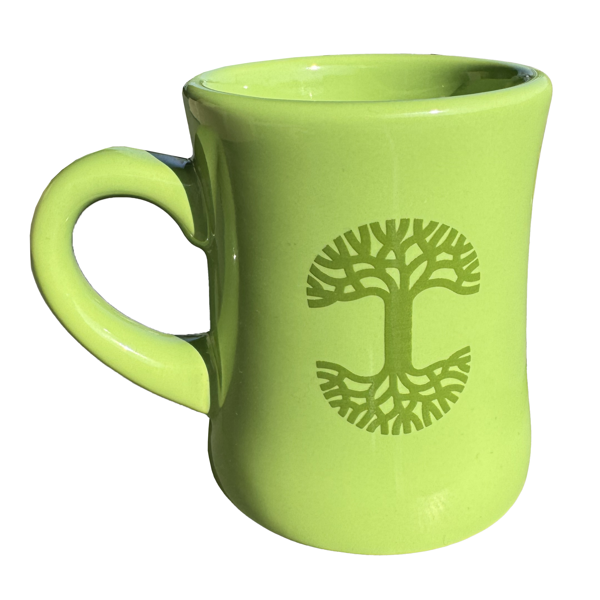 The Oaklandish Diner Mug by Oaklandish is a lime green ceramic piece featuring a sturdy handle and an embossed tree design on its side. This stunning drinkware showcases symmetrical branches and roots forming a circle, with the glossy finish highlighting the intricate design against the simple backdrop.