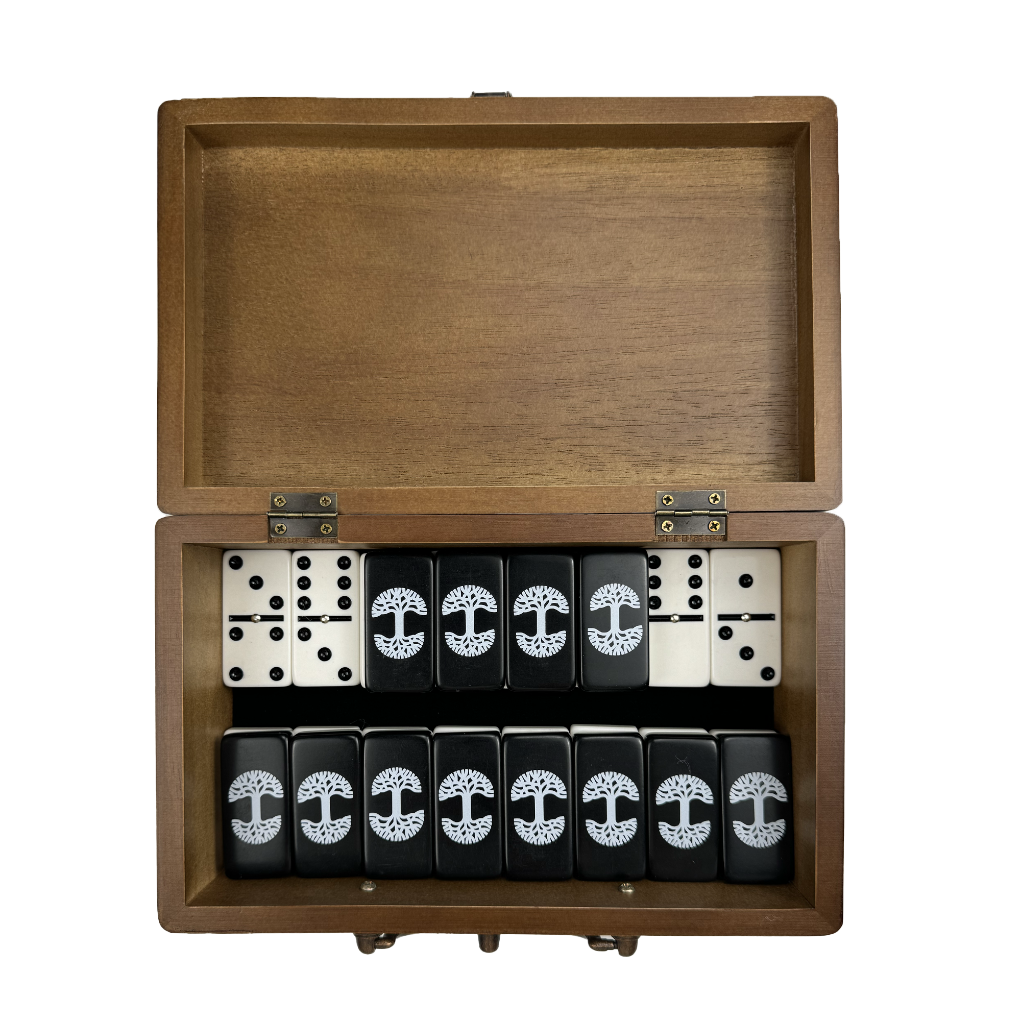 Behold the Oaklandish Dominoes Treasure Chest, a wooden box masterfully presenting dominoes in black and white. These pieces are meticulously organized in two rows, with the black dominoes showcasing an elegant lace-like design and the white ones adorned with classic dot patterns. The understated interior of the box adds a touch of minimalist elegance.